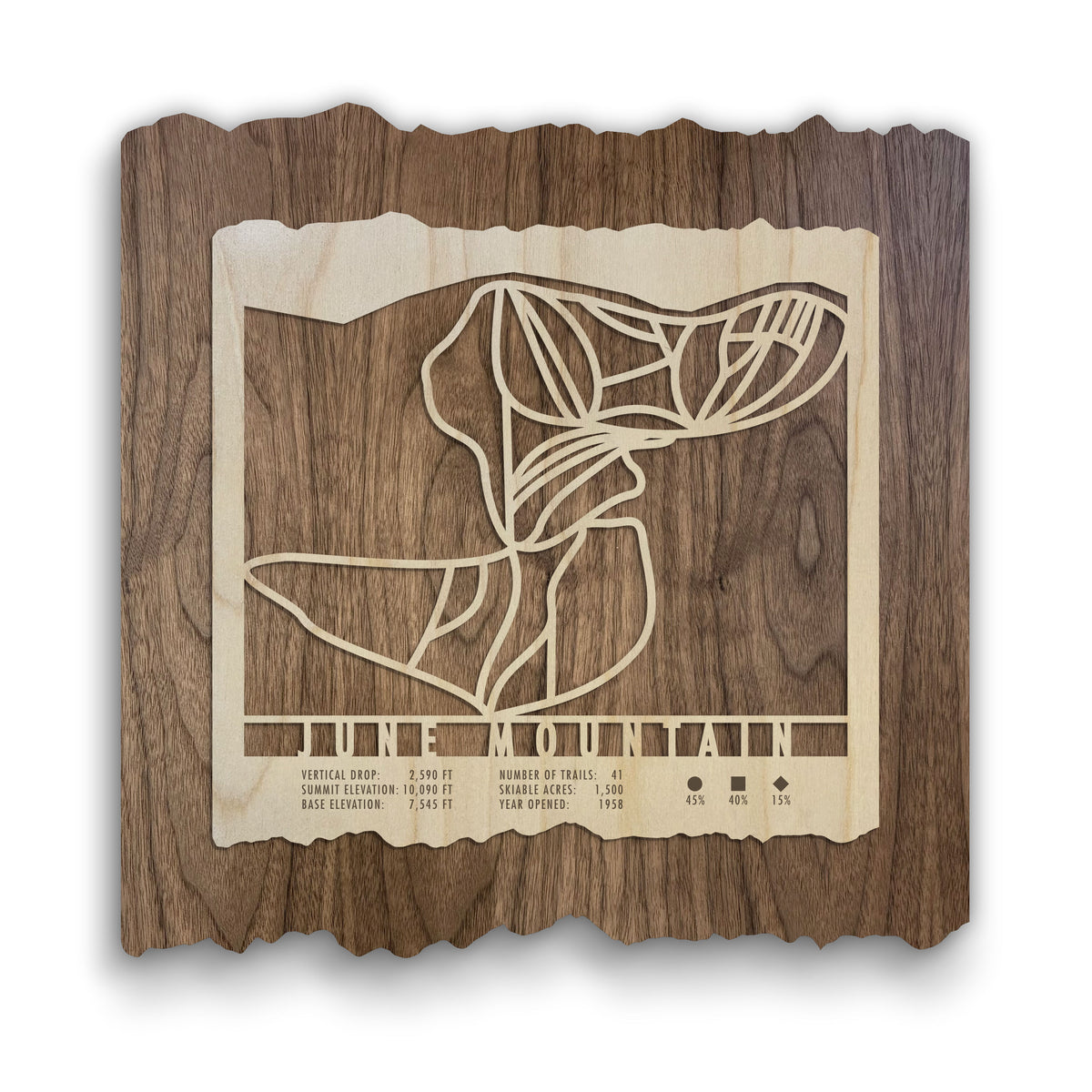 June Mountain Ski Trail Map - Wall Decor - MountainCut wooden ski map featuring engraved trail lines and resort stats, ideal for rustic home or office decor.