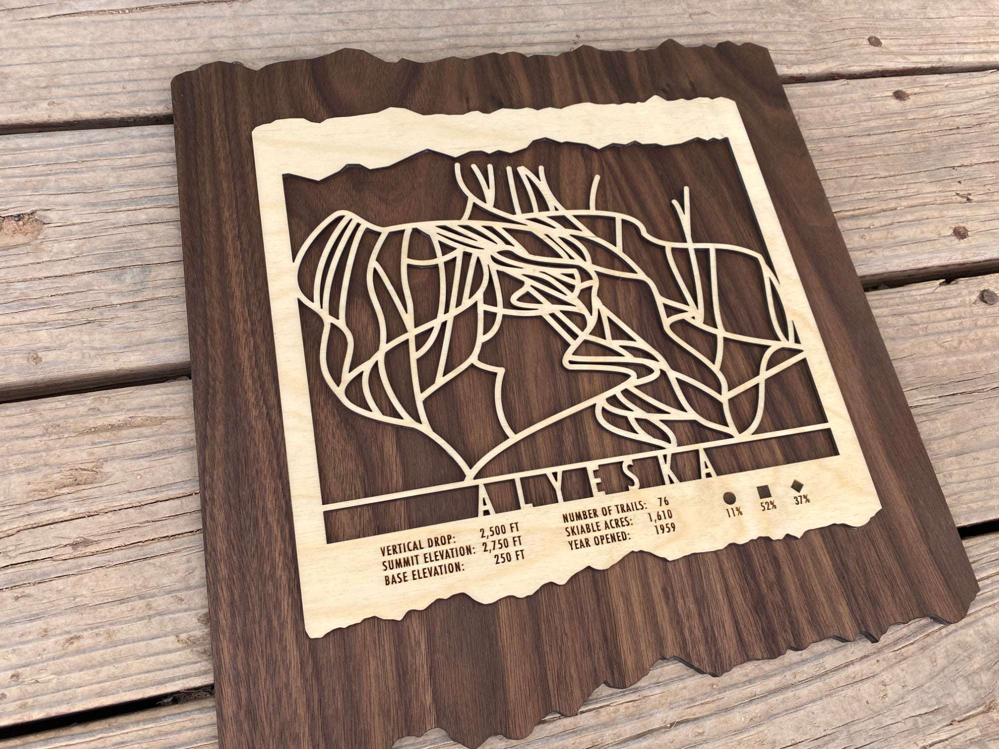 Angled view of Alyeska Trail Map - Wood Wall Decor by Mountaincut, showcasing intricate woodcut design on dark wood background for ski-themed interiors.