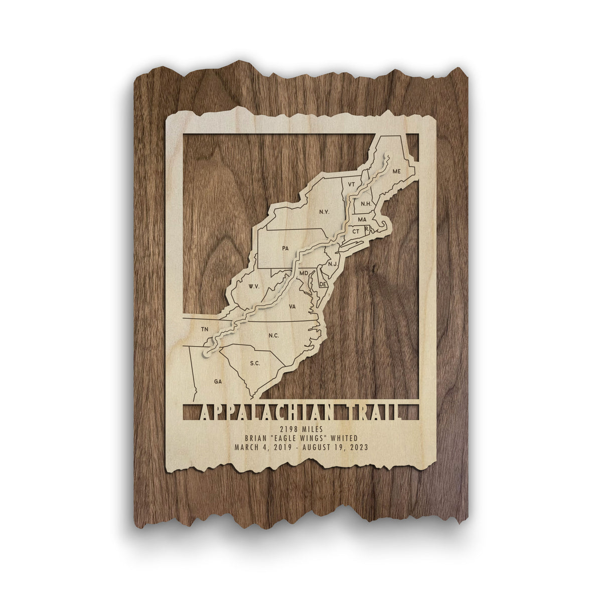 Appalachian Trail Map - Wood Wall Map - Gift for AT Hikers featuring engraved trail route and personalized hiker details on rustic wood.
