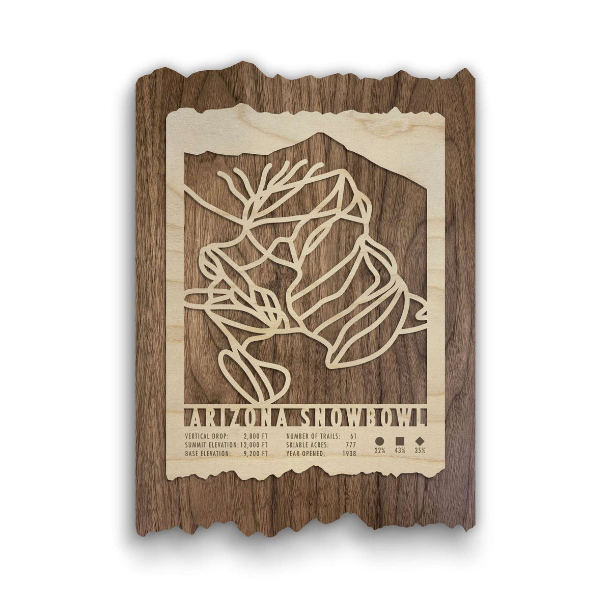 Arizona Snowbowl Ski Trail Map - Wood Wall Decor featuring layered wood cutout design with trail lines and resort stats, ideal for ski lovers.