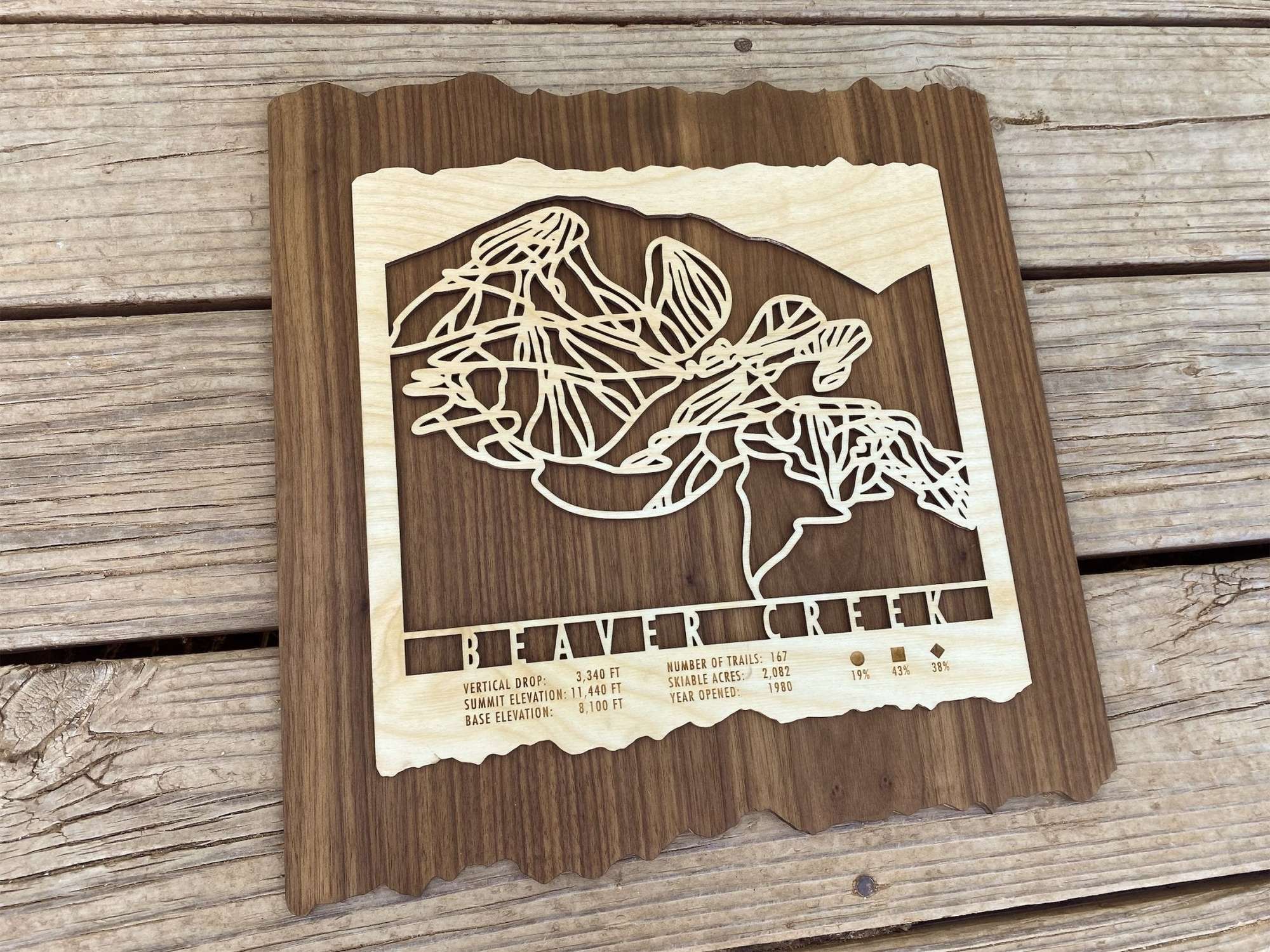 Angled view of Beaver Creek Ski Trail Map - Wood Ski Decor showing layered wood craftsmanship and intricate trail design, ideal for rustic home decor.