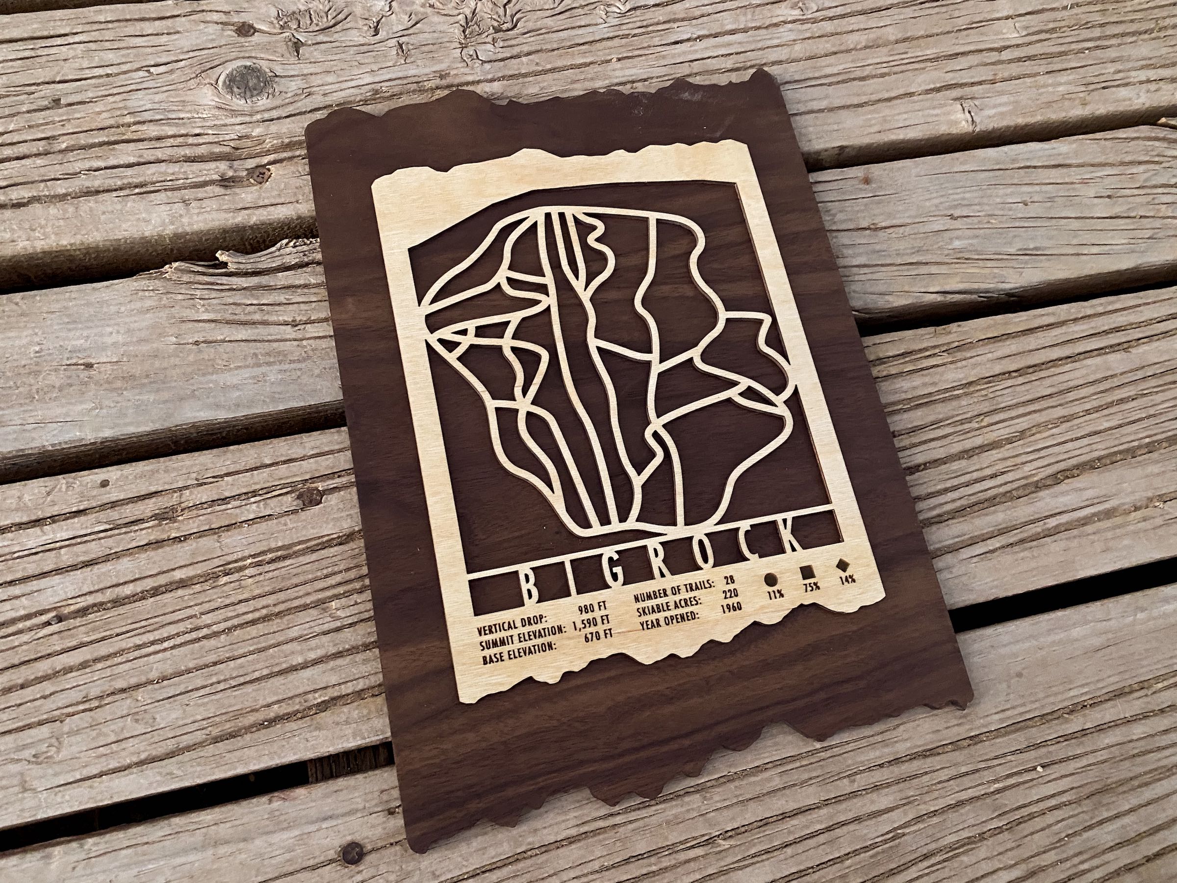 Wooden Bigrock Mountain Ski Trail Map decor placed on wooden surface, showcasing engraved ski trails and elevation details for home or lodge.