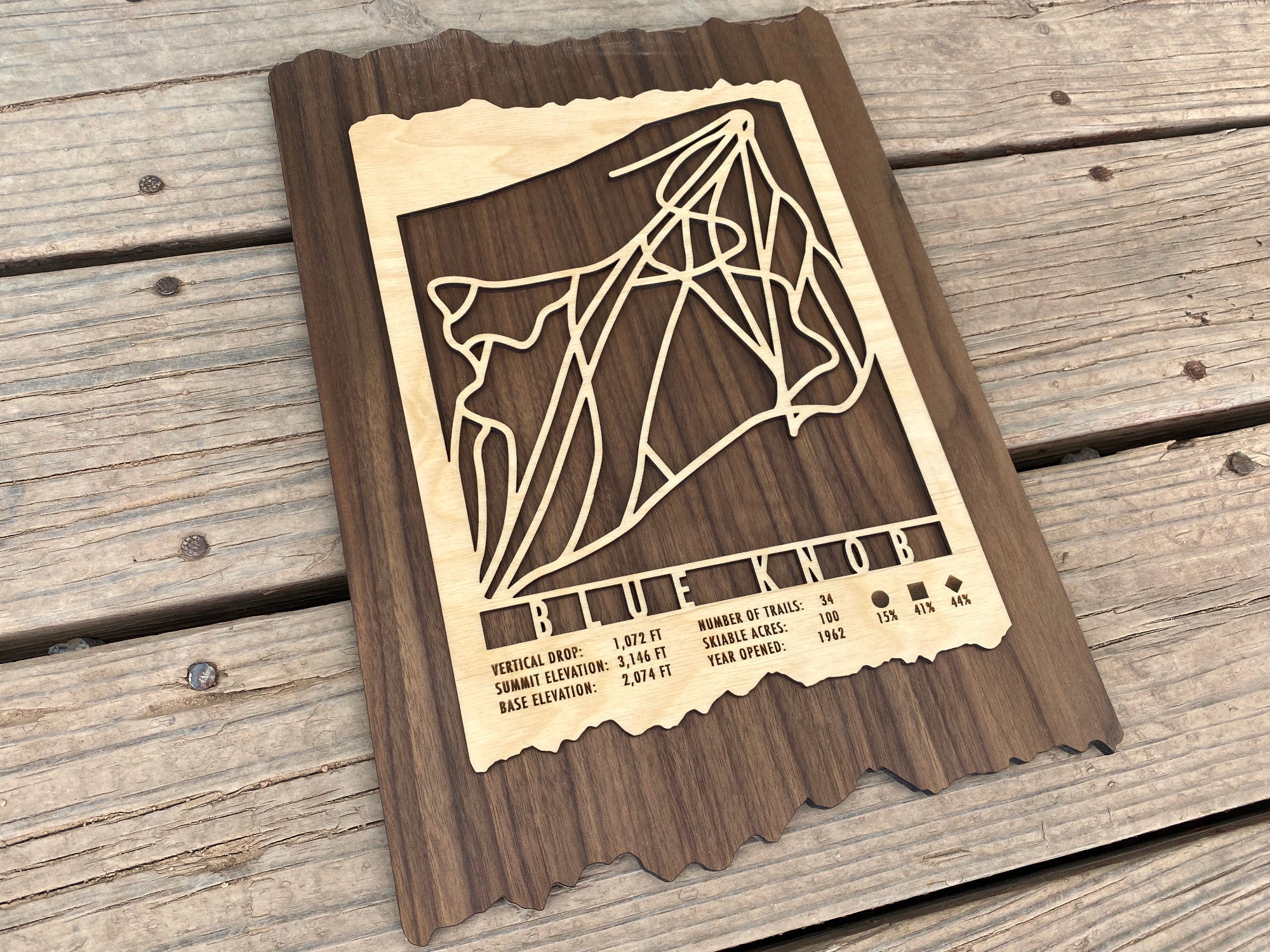 Wooden Blue Knob ski trail map decor for home or office, featuring detailed trail lines and rustic mountain-themed design.