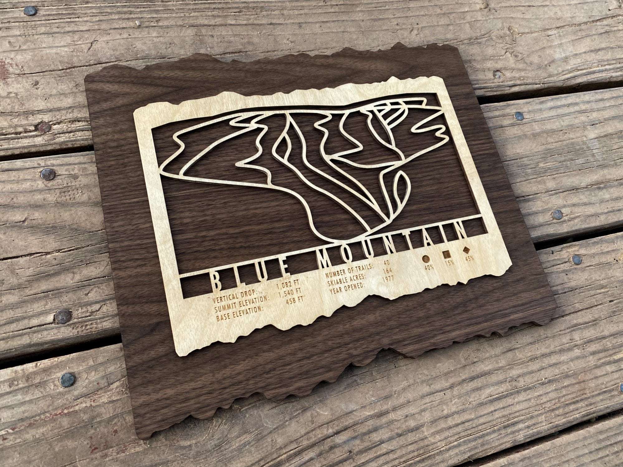 Wooden Blue Mountain Pennsylvania ski trail map by Mountaincut displayed on rustic wood, perfect wall art for ski lodge or mountain home.
