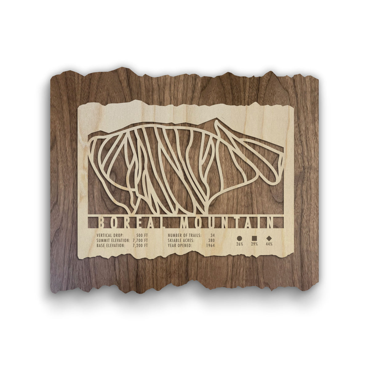Boreal Mountain Ski Trail Map - Wood Wall Decor - wooden ski map featuring laser-cut trail lines and resort stats on rustic wood.