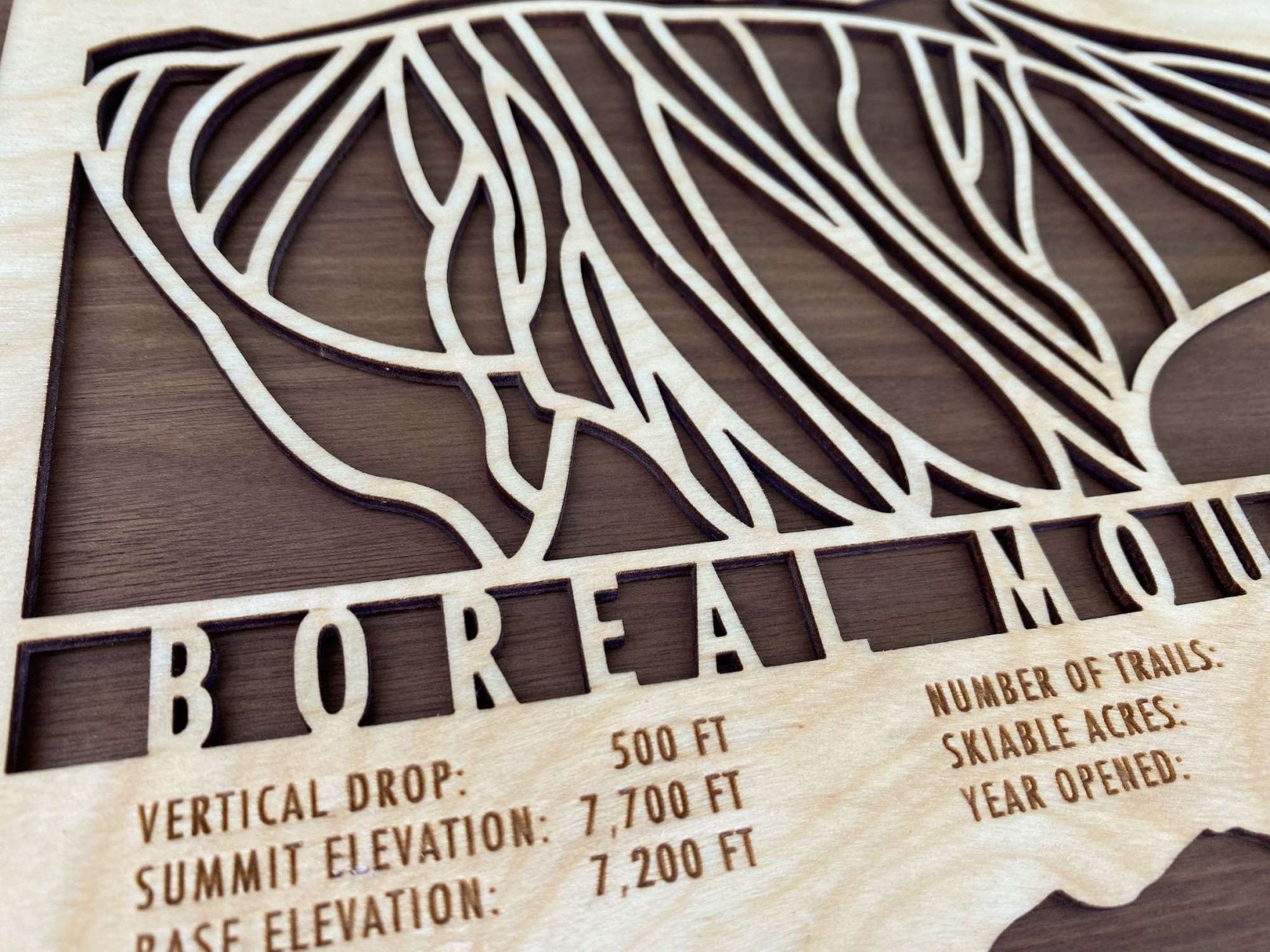 Close-up of Boreal Mountain Ski Trail Map - Ski Decor - MountainCut showing detailed woodcut trails and engraved elevation and trail data.