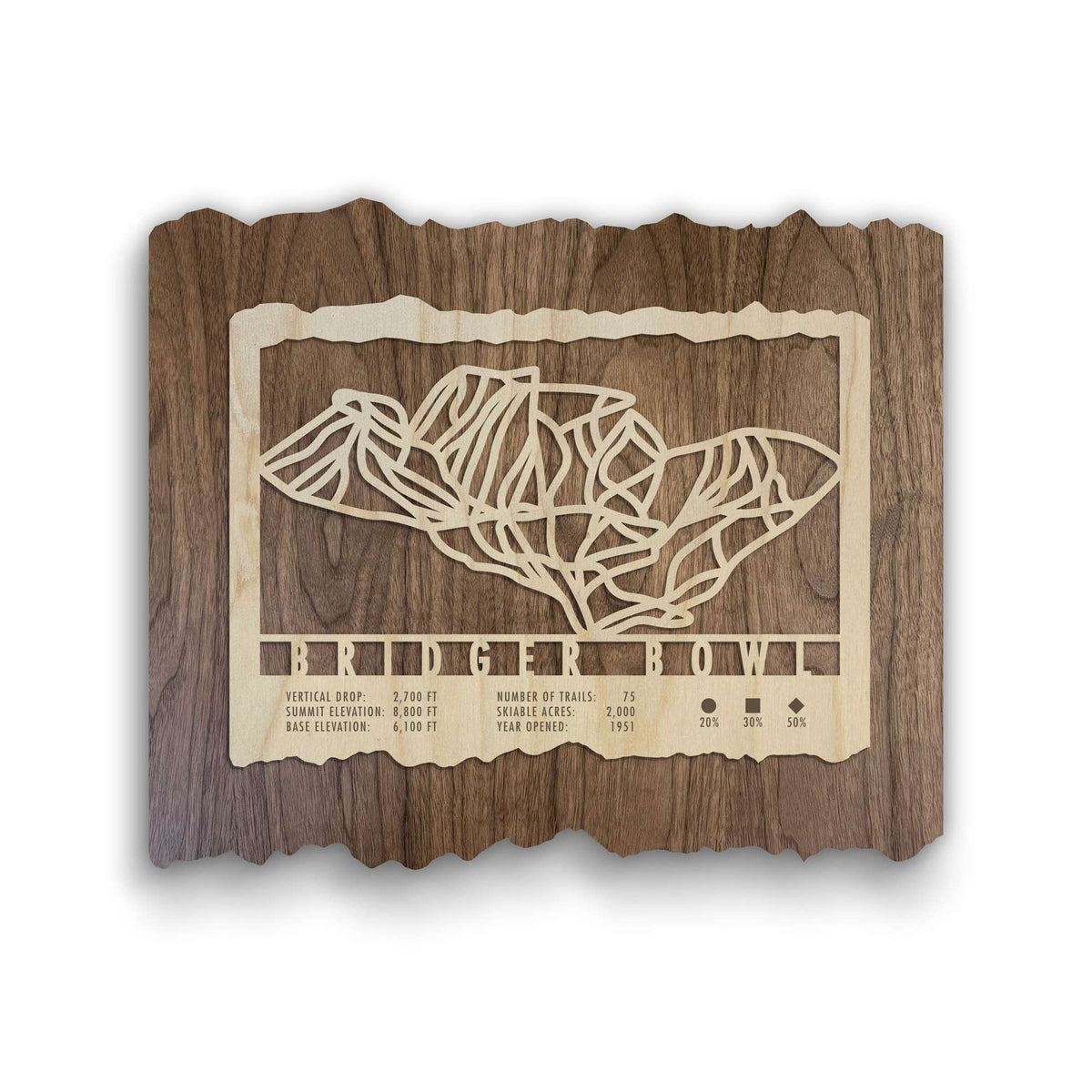 Bridger Bowl Ski Trail Map - Wood Ski Decor by Mountaincut featuring a laser-cut wooden map with trail lines and elevation stats, ideal for ski homes.