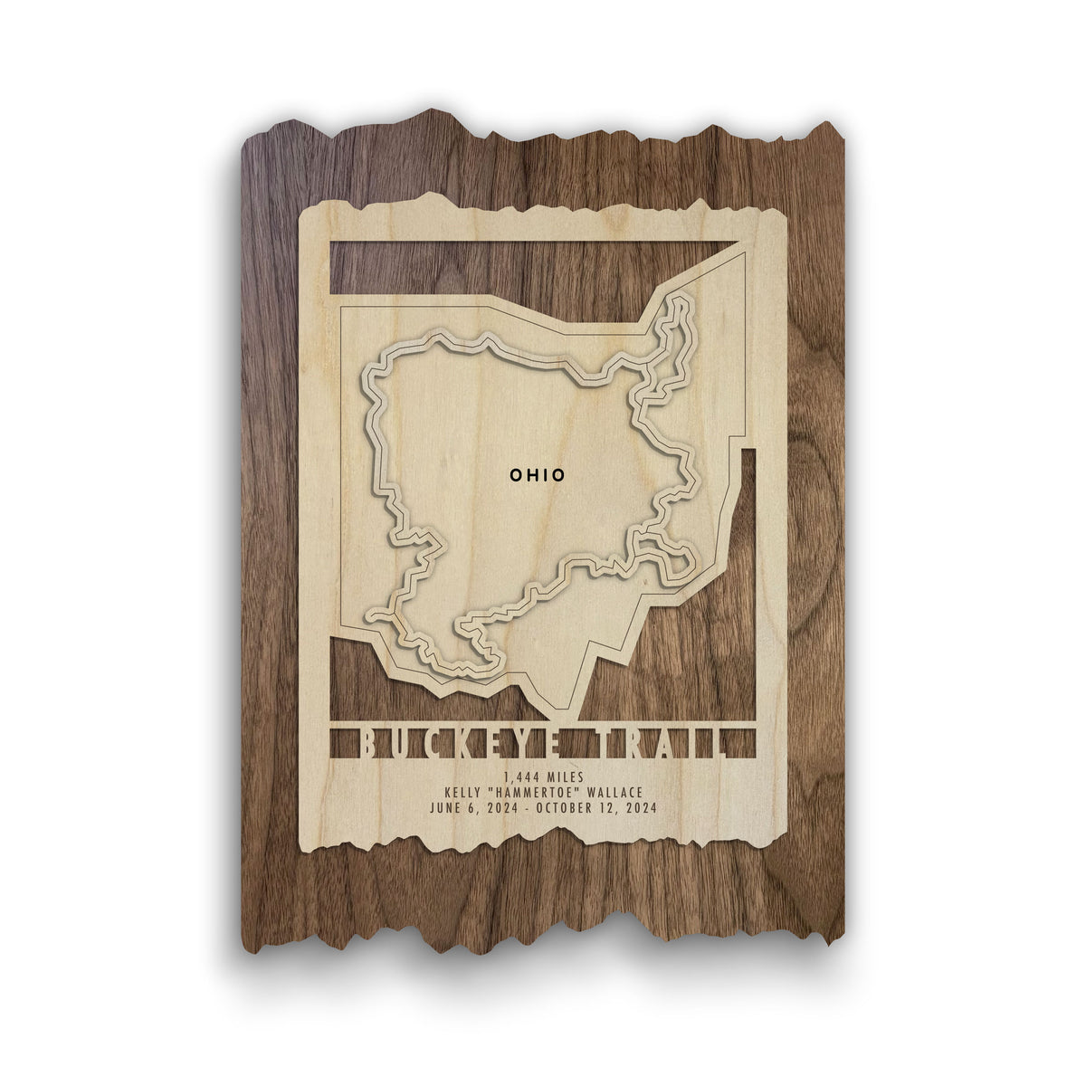 Buckeye Trail Map wood wall art featuring Ohio trail outline on rustic wood, ideal gift for hikers completing the Buckeye Trail.