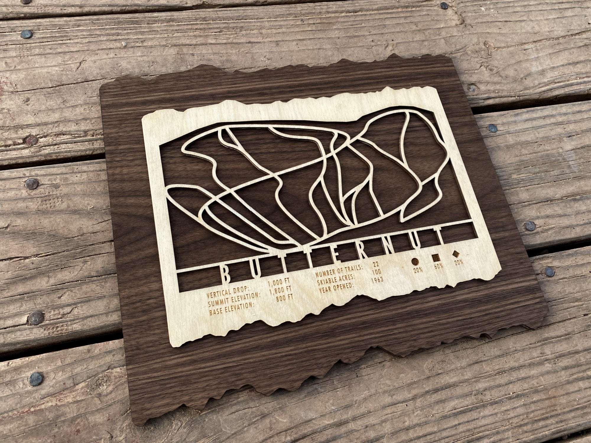 Butternut Ski Trail Map - Wood Wall Art displayed on wooden deck, showcasing handcrafted detail and layered wood texture.