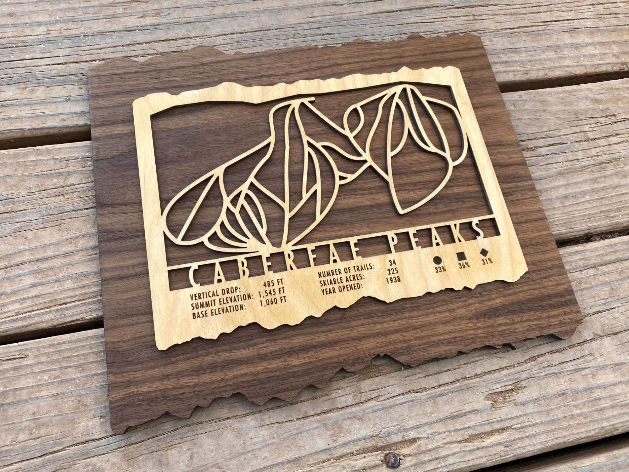 Wooden Caberfae Peaks Ski Trail Map by Mountaincut displayed on a wooden surface, perfect rustic ski decor for home or cabin walls.