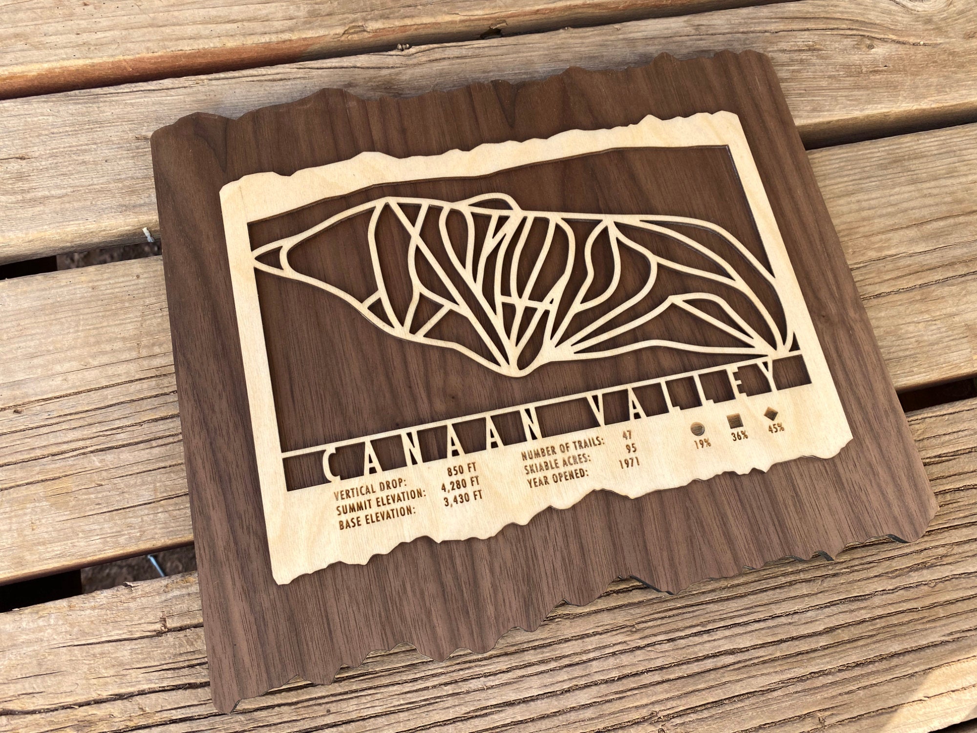 Wooden Canaan Valley ski trail map by Mountaincut displayed on a wooden surface, perfect ski-themed wall decor for home or cabin.