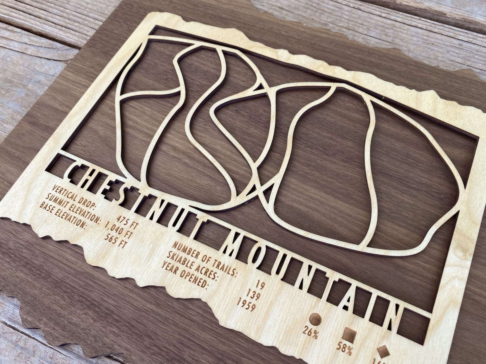 Close-up of Chestnut Mountain wood ski trail map showing detailed trail cuts and engraved resort information on layered wood.