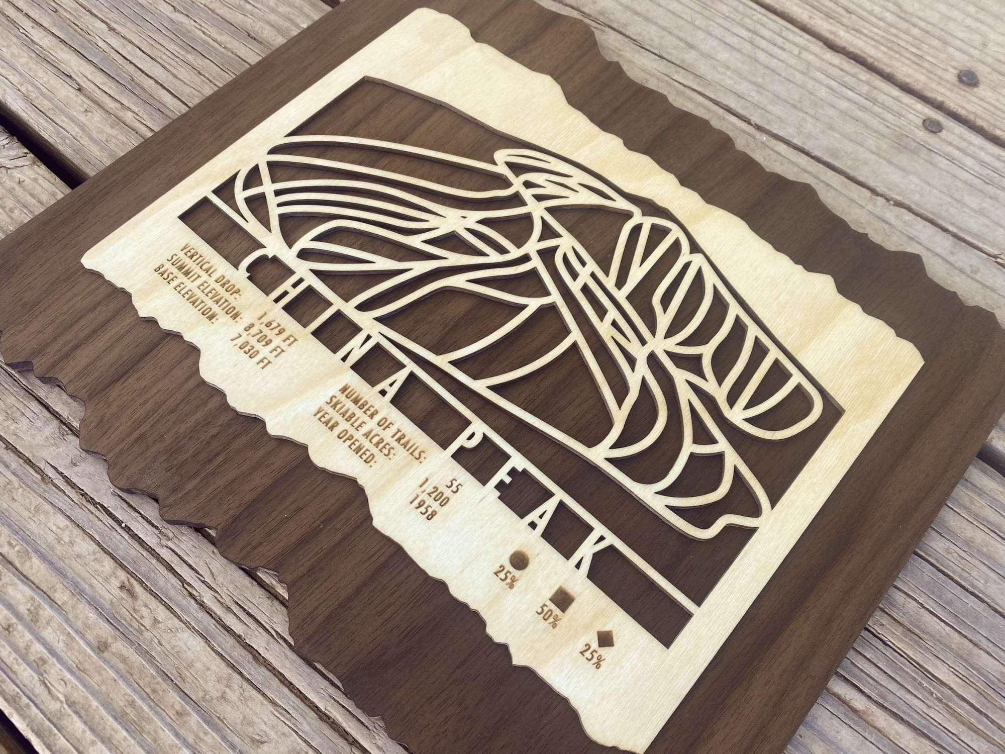Angled view of China Peak Ski Trail Map - Wood Ski Decor showing detailed laser-cut design and engraved trail information, perfect for home or cabin decor.