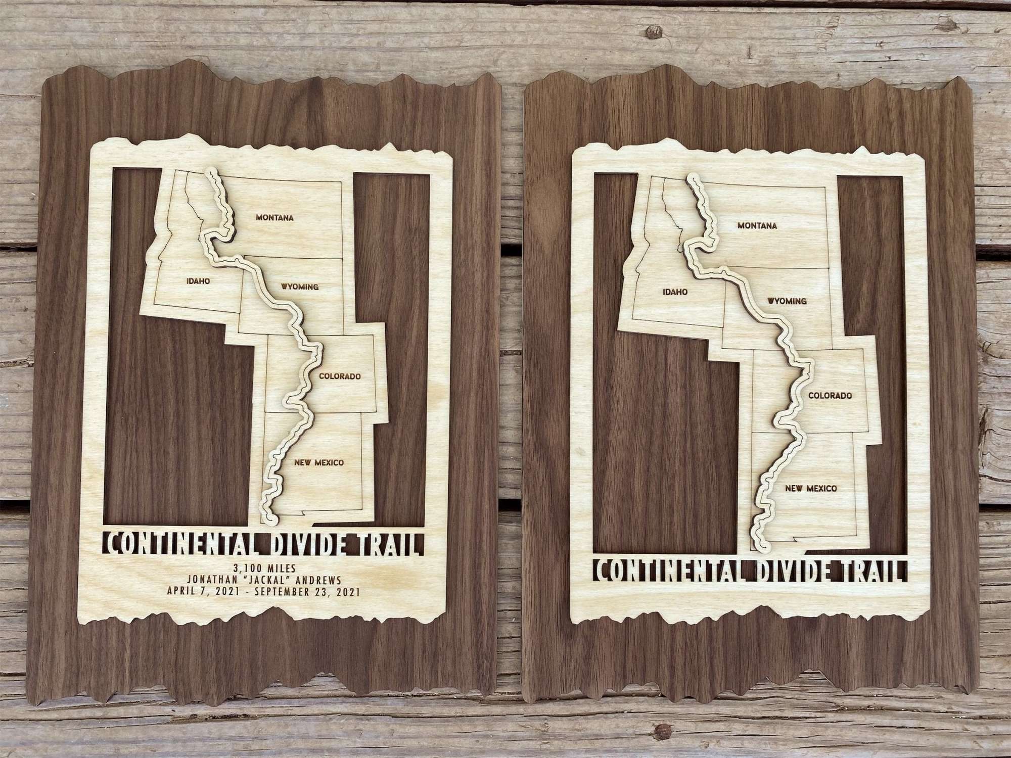 Side by side Continental Divide Trail wood wall maps. One with custom engraving and one without custom engraving.