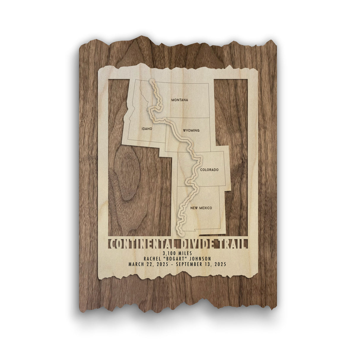 Continental Divide Trail Map - Wood Wall Map Gift for Hikers featuring engraved trail route and personalized text on rustic wood background.