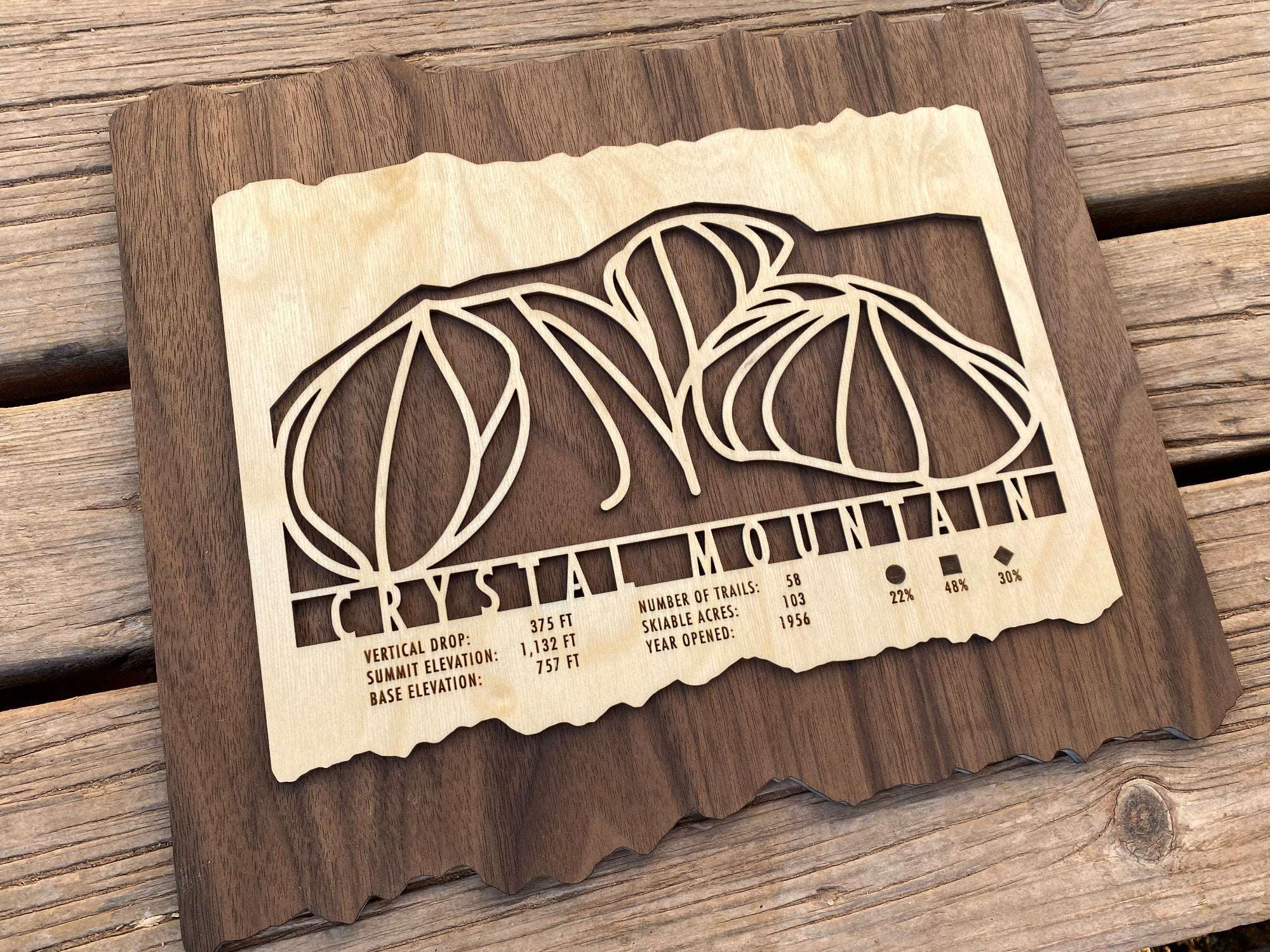 Wooden Crystal Mountain Michigan ski trail map by MountainCut on rustic wood background, ideal wall art for ski lodge or mountain home decor.