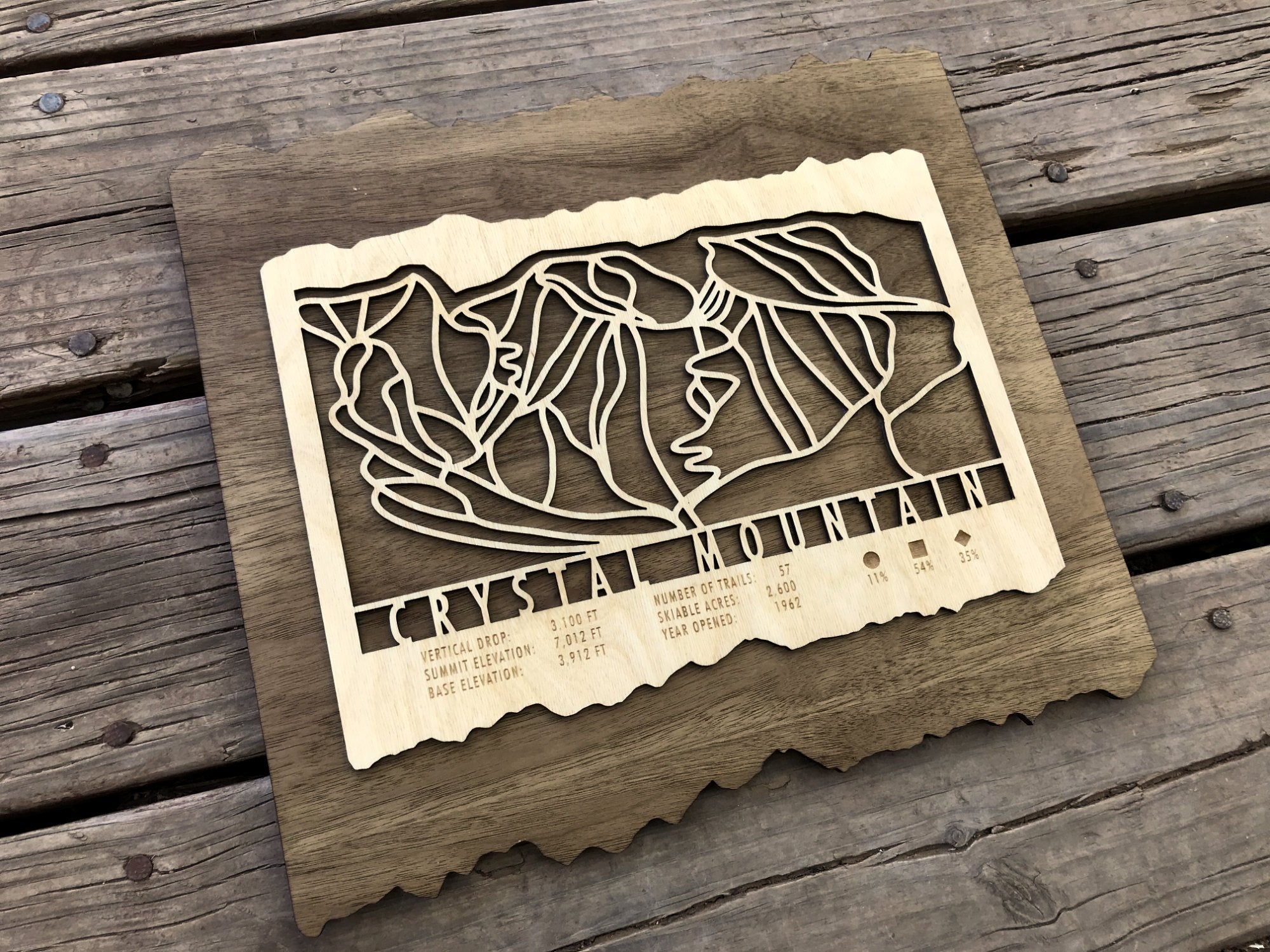 Crystal Mountain Trail Map - Wall Decor - MountainCut laser-cut wood artwork showing ski trails and resort details, ideal for rustic home decor.