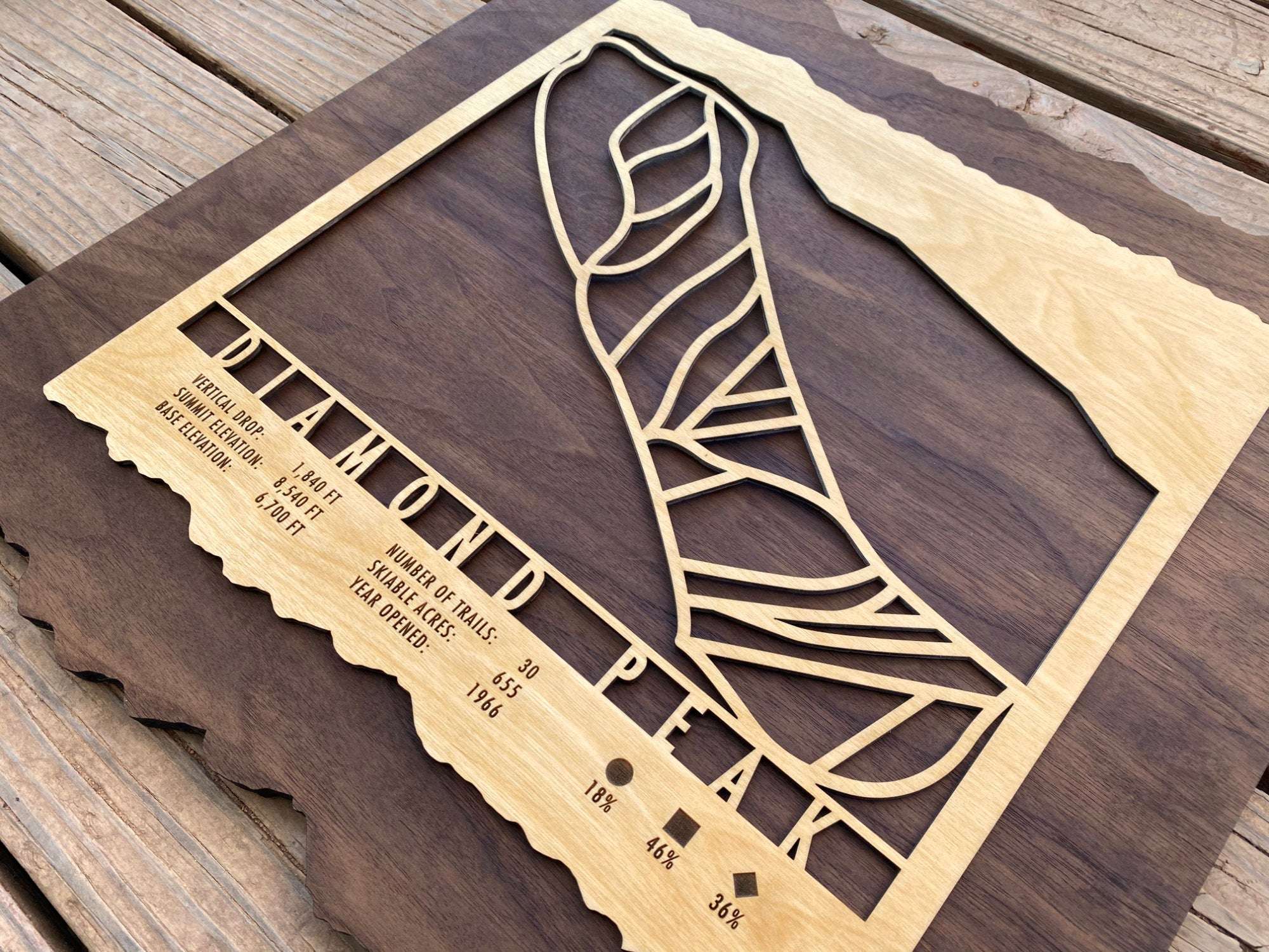 Close-up angled view of Diamond Peak Ski Trail Map by Mountaincut, showcasing laser-cut wood design and detailed ski trail layout.