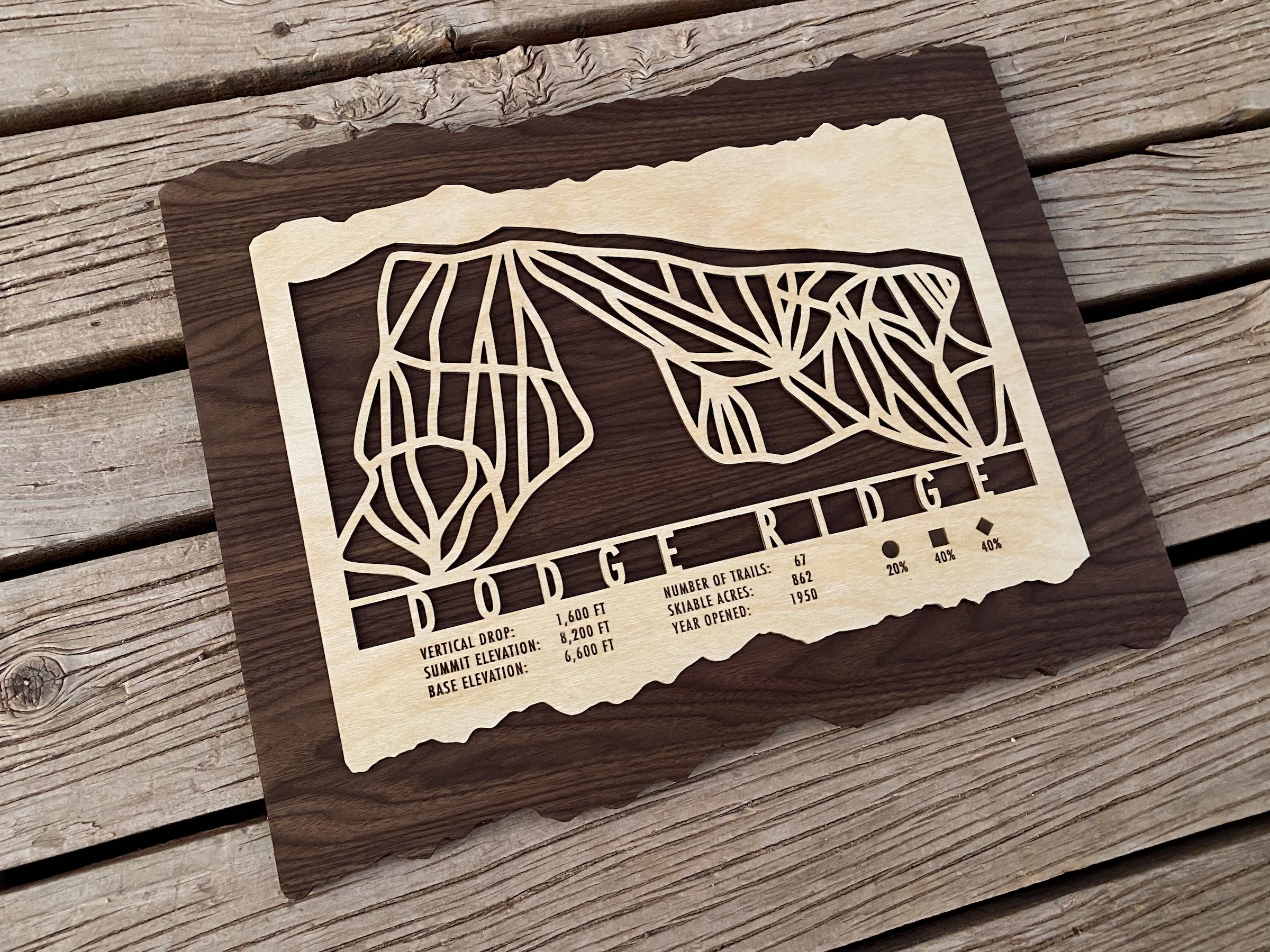 Wooden Dodge Ridge ski trail map by Mountaincut displayed on rustic wood background, perfect for California ski lodge wall art or mountain home decor.
