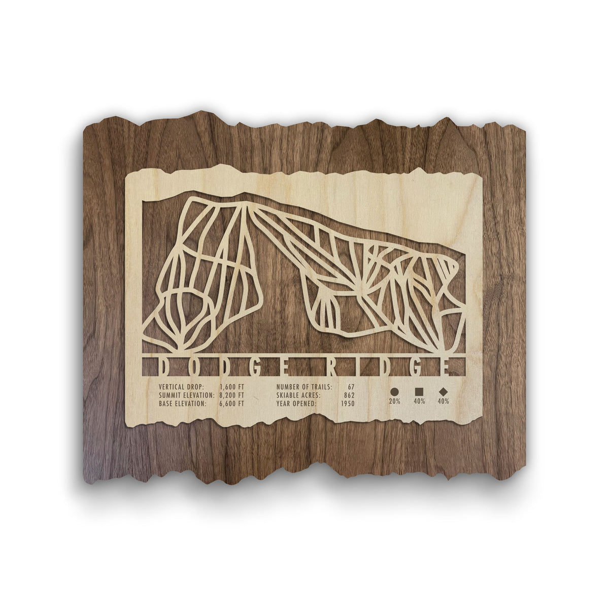 Dodge Ridge Trail Map Ski Decor by Mountaincut - wood ski map featuring laser-cut trail layout and resort stats, ideal for rustic home or lodge decor.