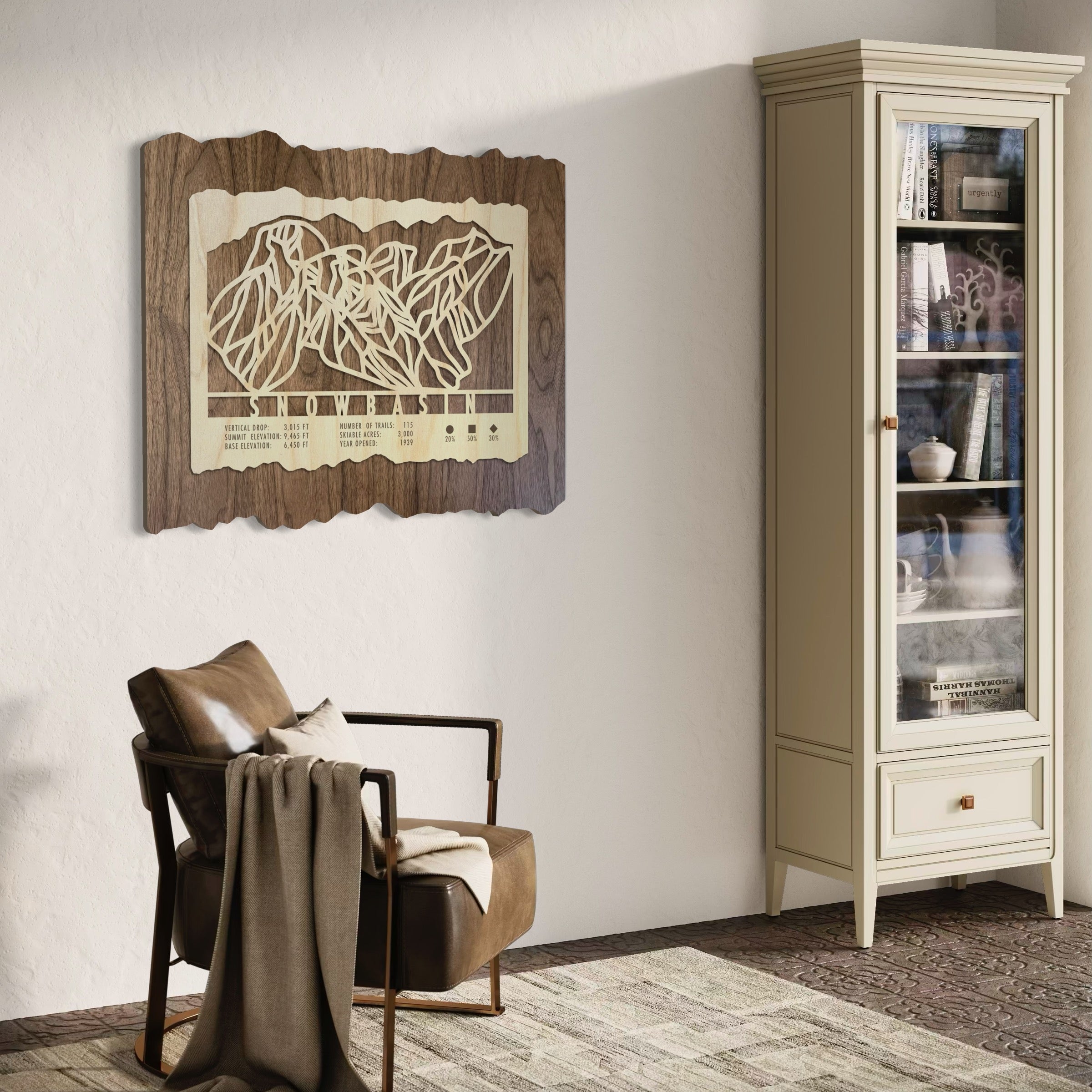 Snowbasin ski resort trail map ski decor hanging on wall of living room