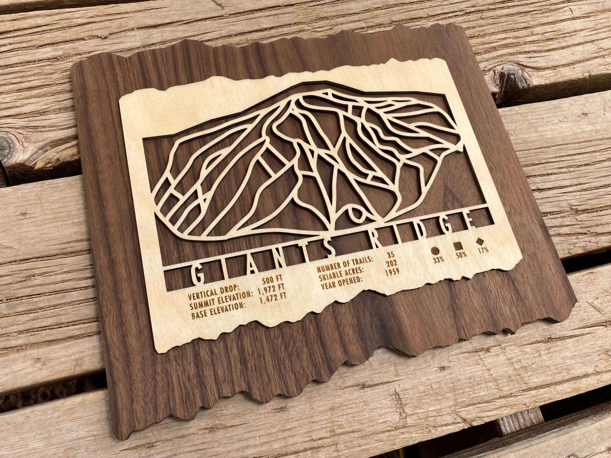 Wooden Giants Ridge Ski Trail Map by Mountaincut displayed on a wooden surface, showcasing intricate ski trail design and engraved resort information.