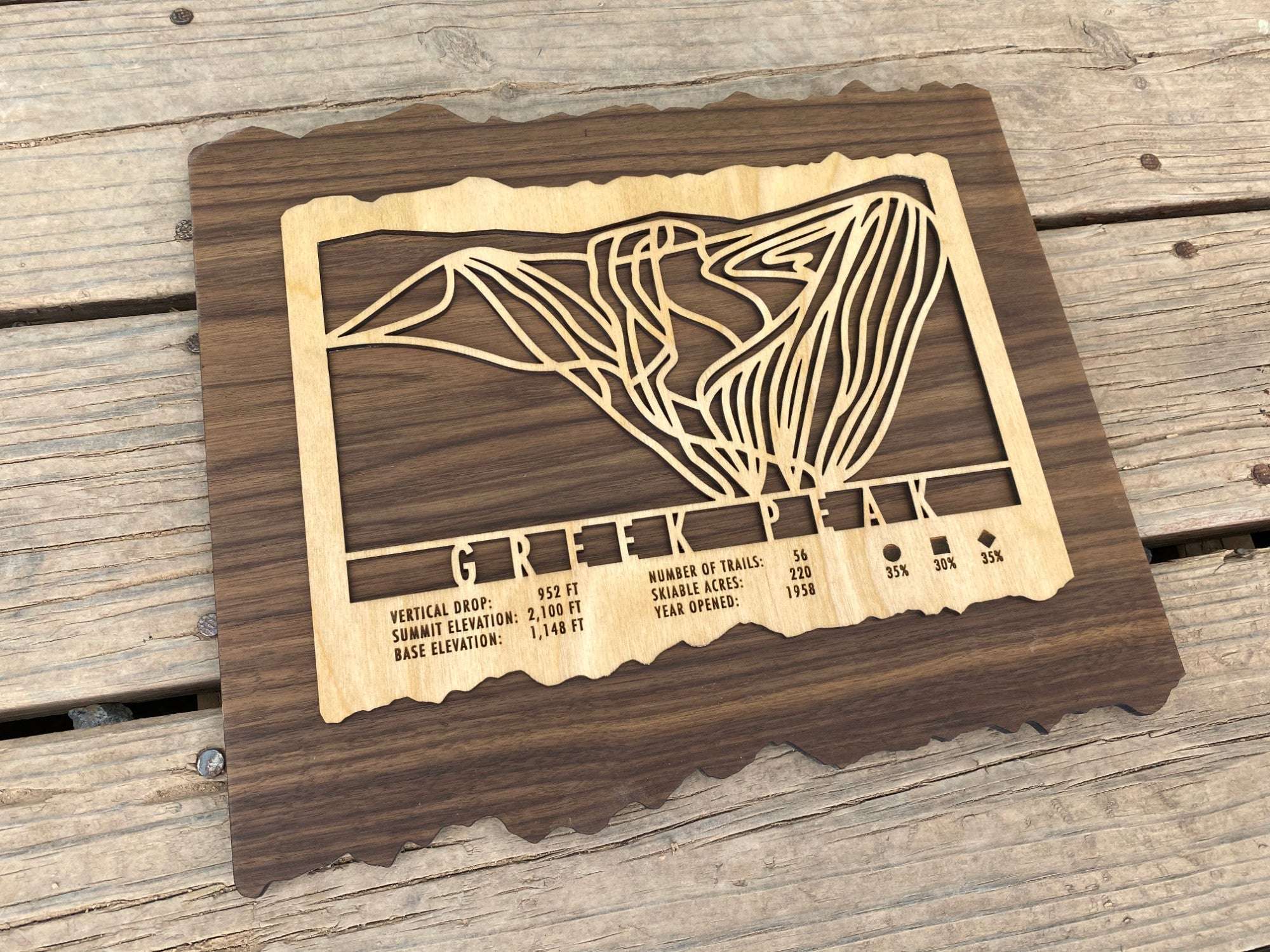 Greek Peak Trail Map - Wood Ski Decor by Mountaincut - laser-cut wood ski trail map displayed on a wooden deck, perfect for ski-themed interior decoration.