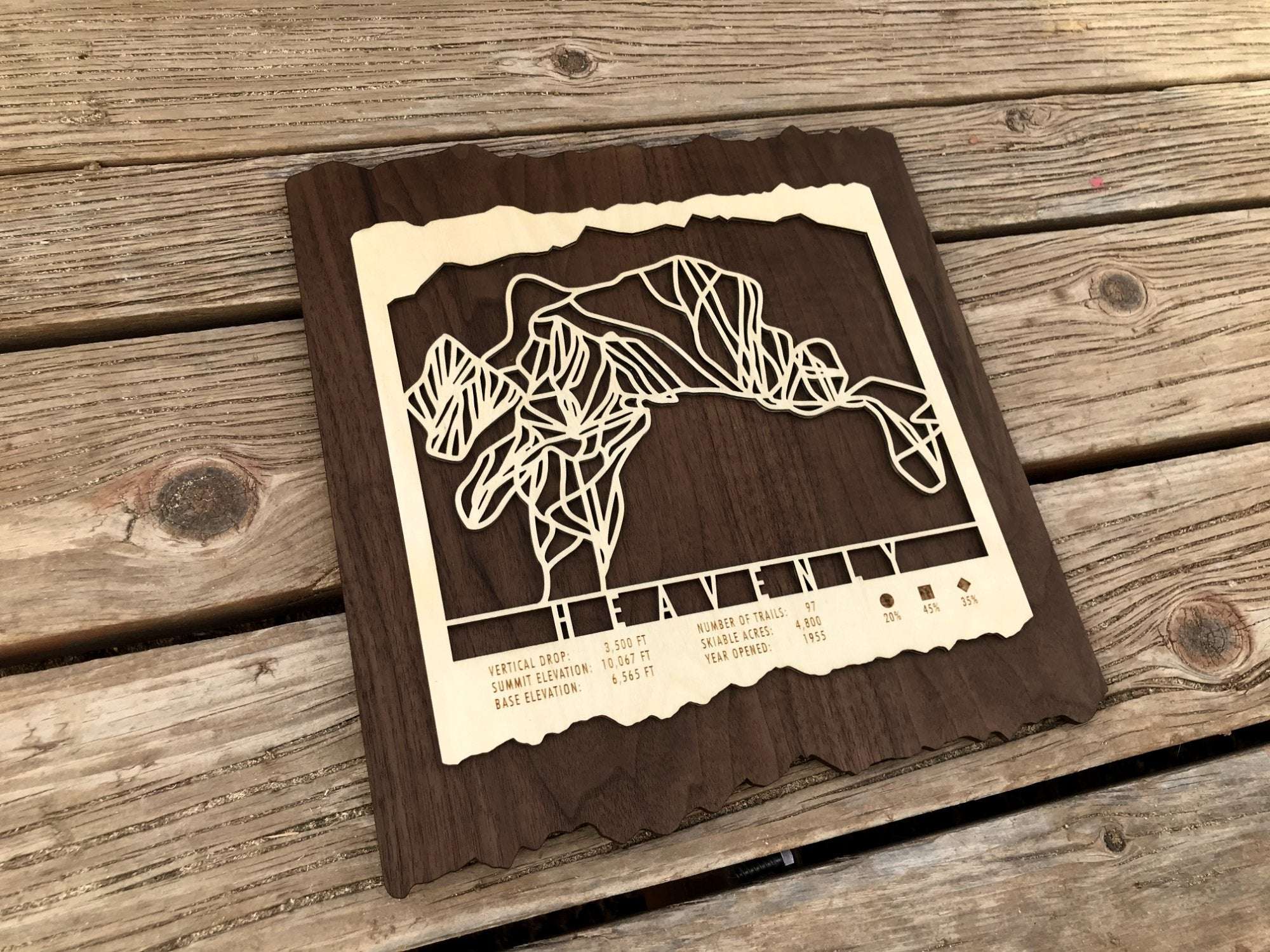 Angled view of the Heavenly Trail Map Ski Decor showing detailed wood craftsmanship and engraved ski trail layout, perfect for rustic home accents.