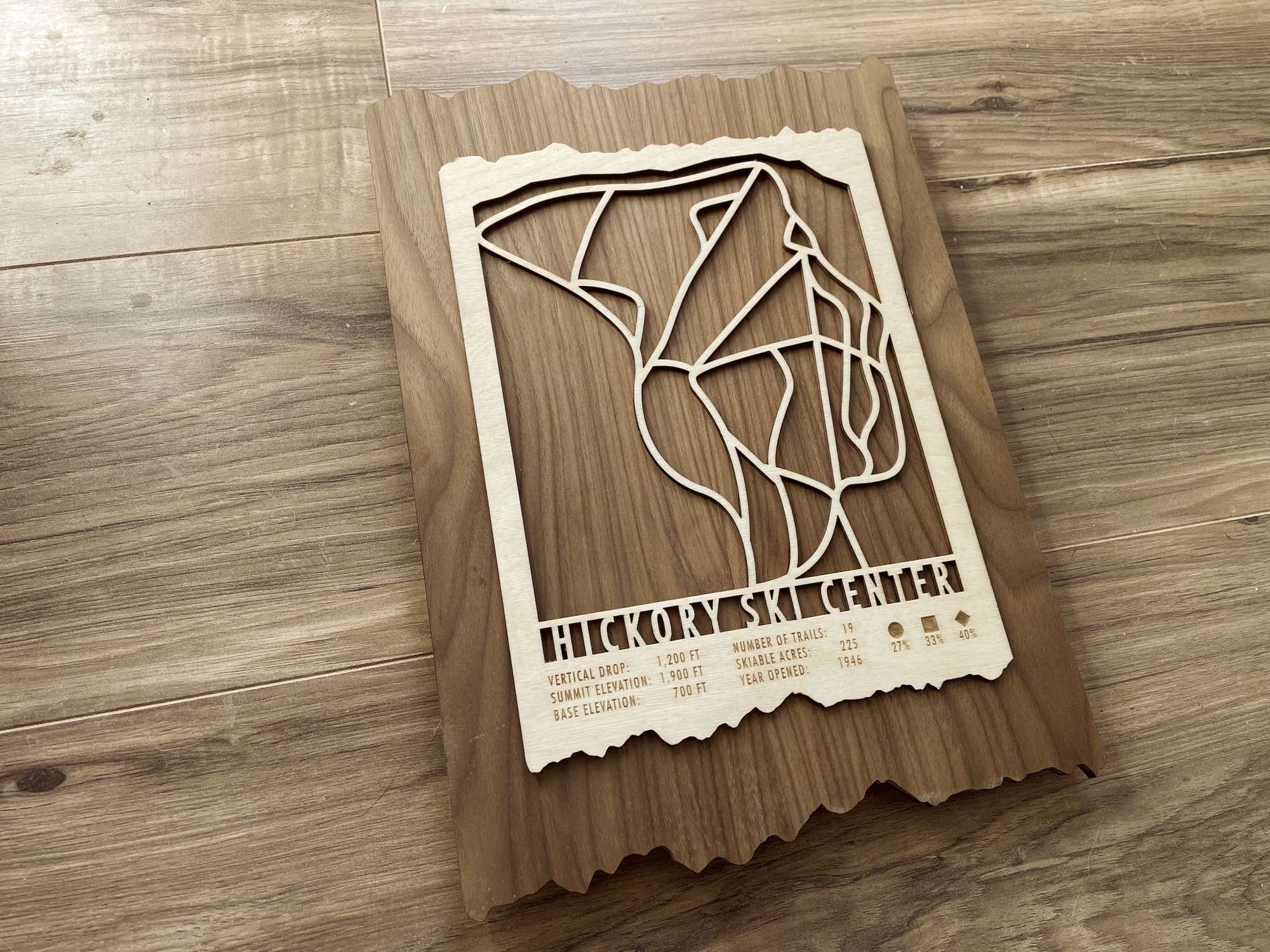 Angled view of Hickory Ski Center Trail Map - Wooden Trail Art showing detailed cutout design on natural wood, perfect for wall display.