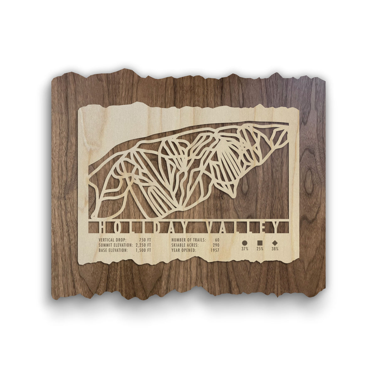 Holiday Valley Ski Trail Map - Wall Decor - MountainCut wooden ski map featuring laser-cut trail layout and resort stats on rustic wood.