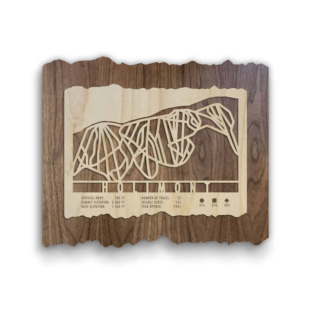 Holimont Ski Trail Map - Ski Decor by Mountaincut - Wooden ski map featuring engraved trail layout and resort stats, ideal for rustic home or lodge decor.
