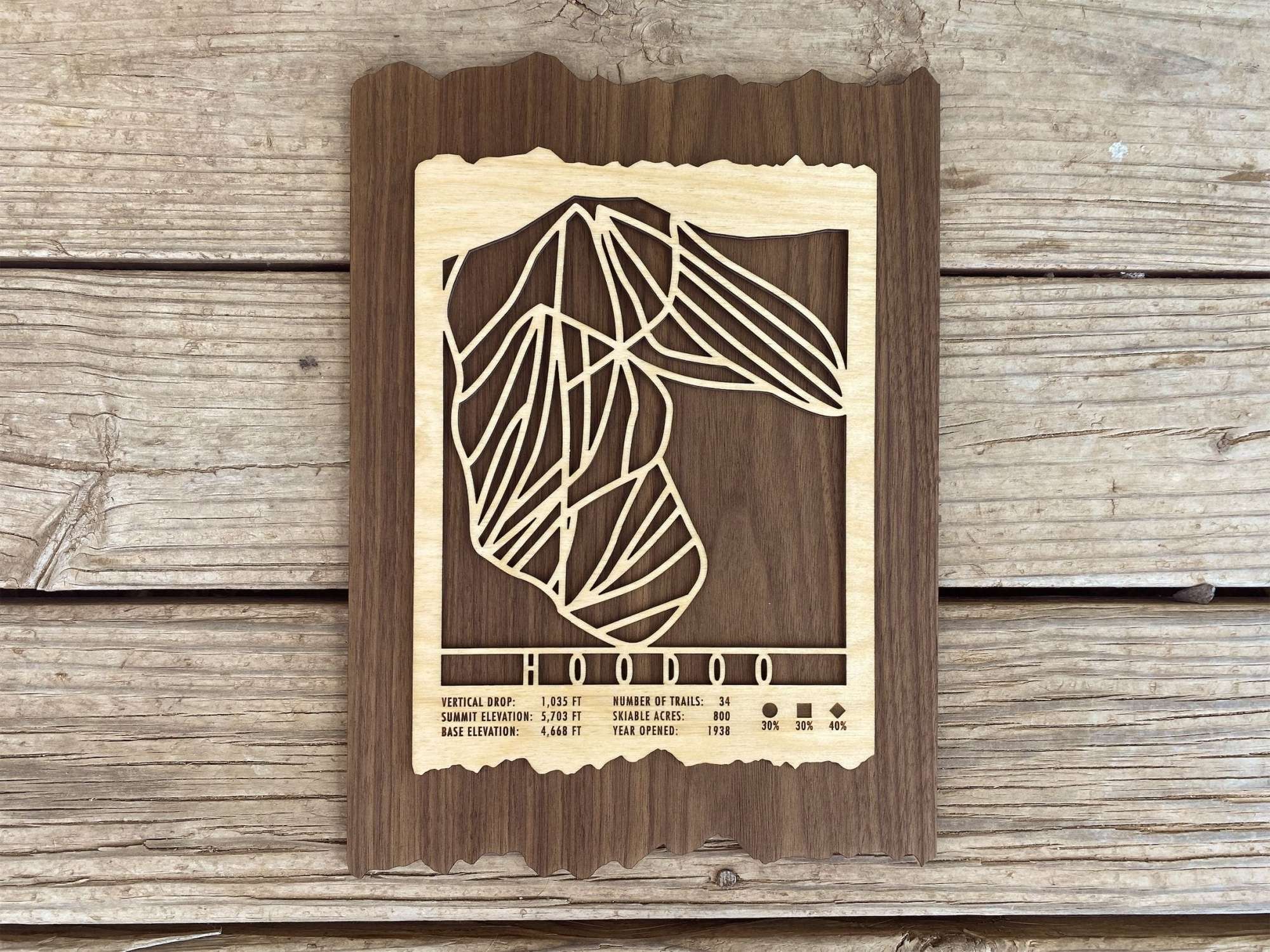 Full view of Hoodoo Ski Trail Map - Wall Decor - MountainCut with rustic wood finish and laser-cut ski trail design, perfect for ski-themed wall art.