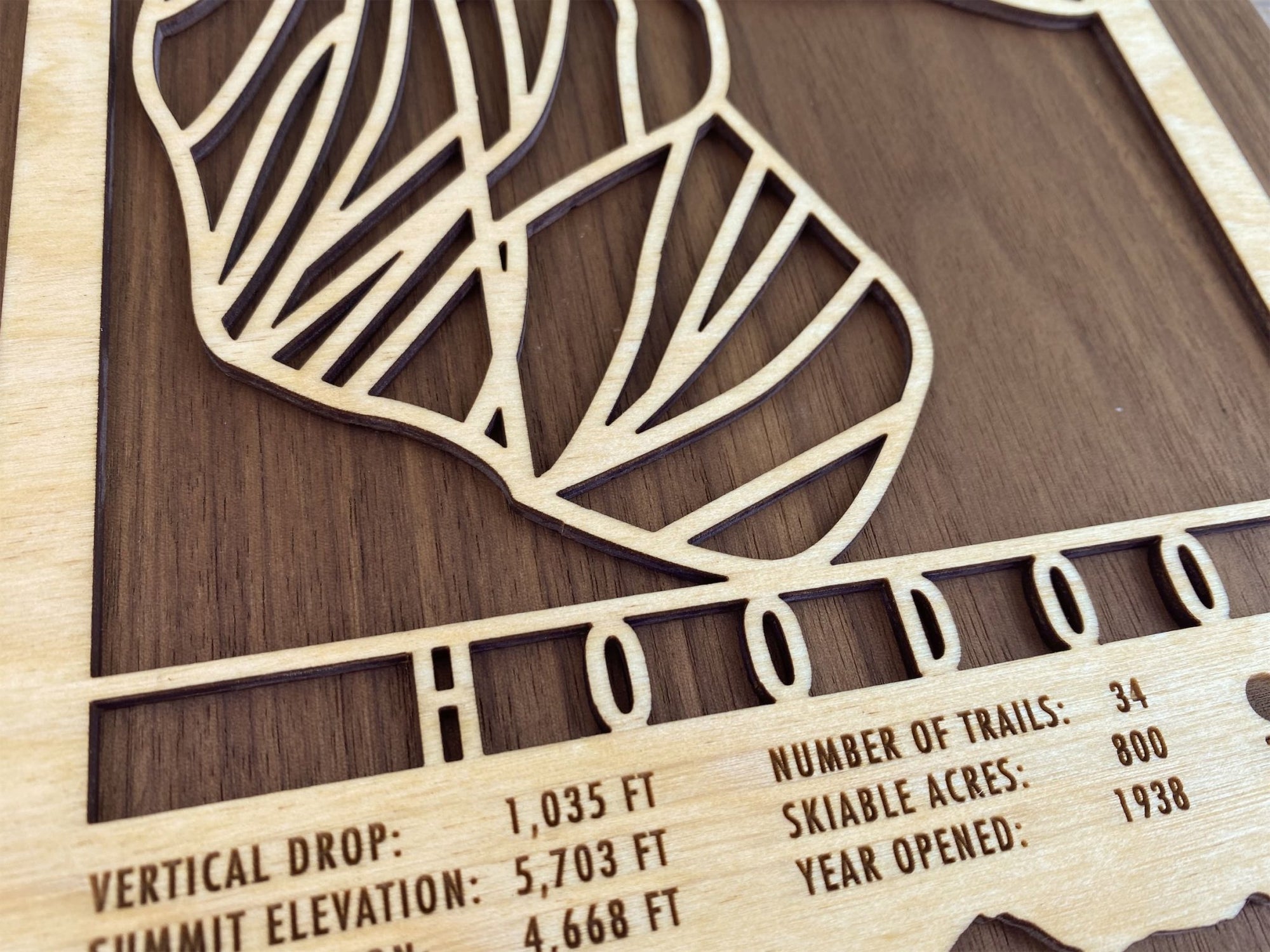 Detailed view of Hoodoo Ski Trail Map - Wall Decor - MountainCut showing trail lines, vertical drop, elevation, and ski stats for Oregon's Hoodoo resort.