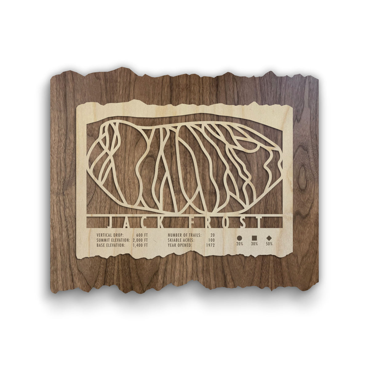 Jack Frost Ski Trail Map - Wall Decor - MountainCut wooden ski map showing trail layout, elevations, and stats, ideal for ski lodge or home decor.