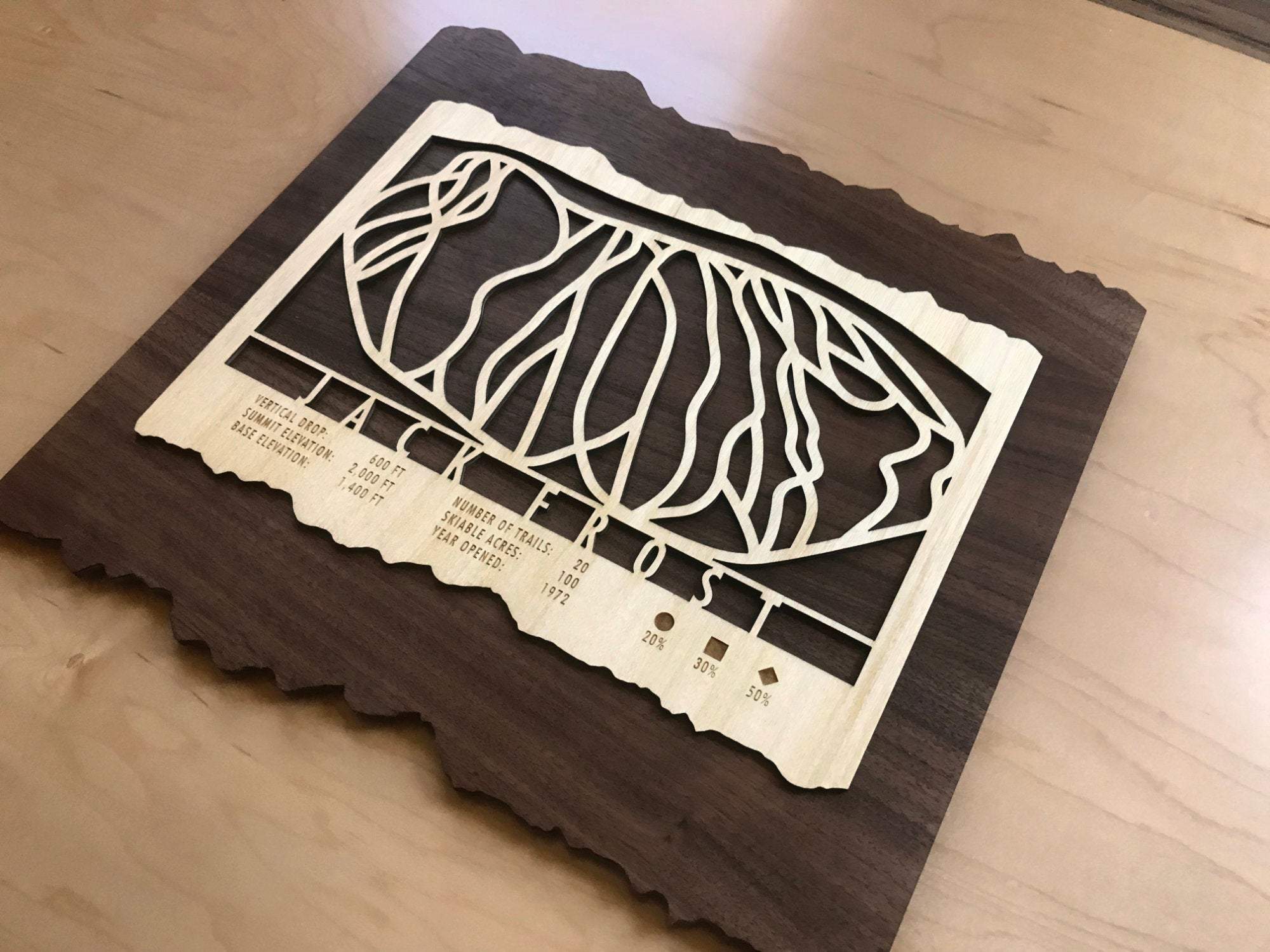 Jack Frost Ski Trail Map - Wall Decor - MountainCut laser-cut wood map with intricate trail design, perfect ski-themed artwork for Pennsylvania skiers.
