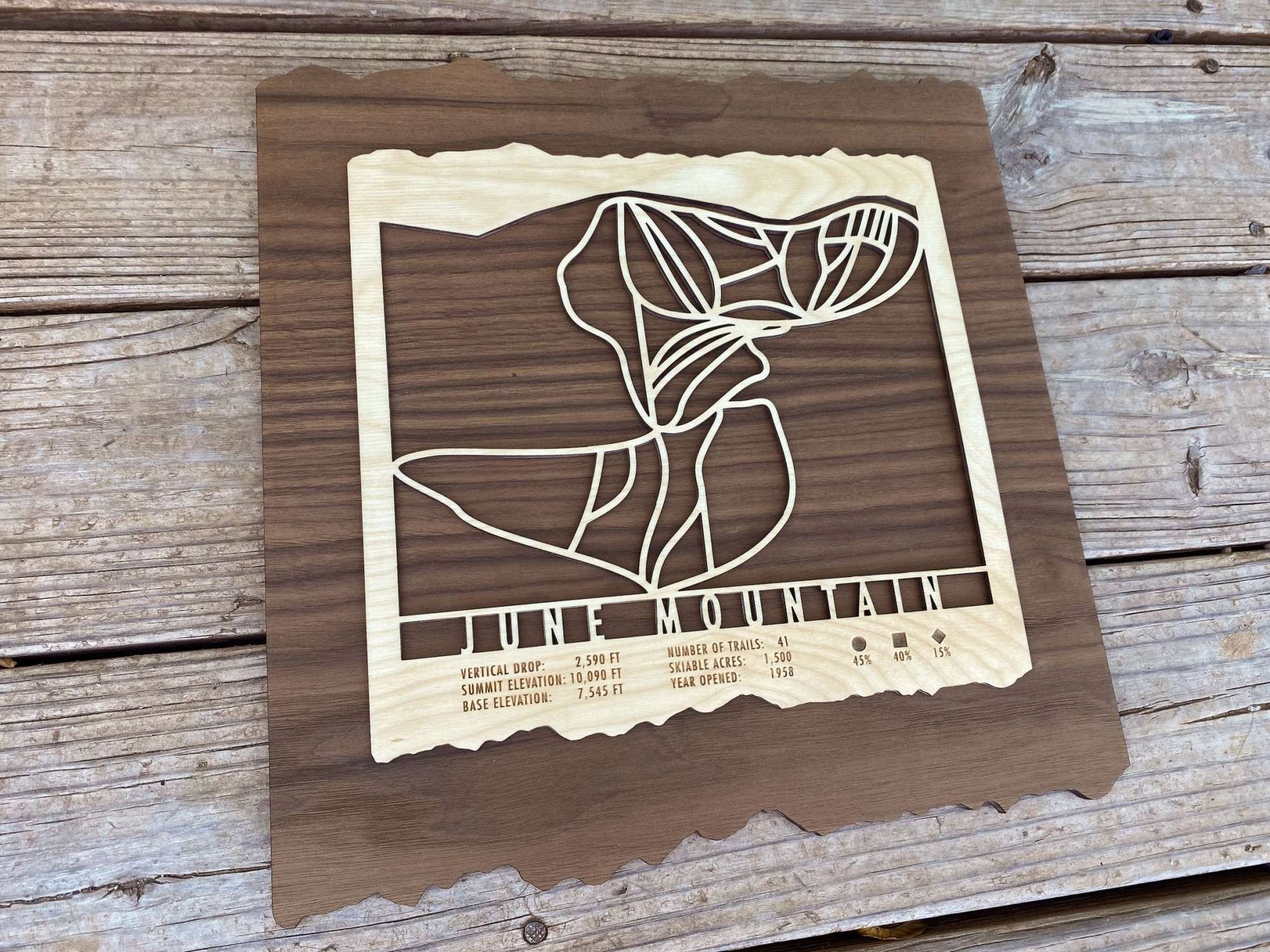 June Mountain Ski Trail Map - Wood Wall Decor - MountainCut laser-cut wood artwork showing ski trails and elevation details, perfect for ski lodge decoration.