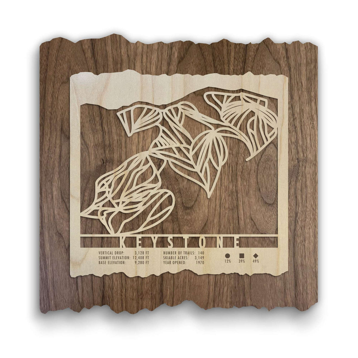 Keystone Trail Map Wood Wall Decor by Mountaincut - Wooden ski map featuring laser-cut Keystone ski trails on dark wood, ideal for ski home or office decor.