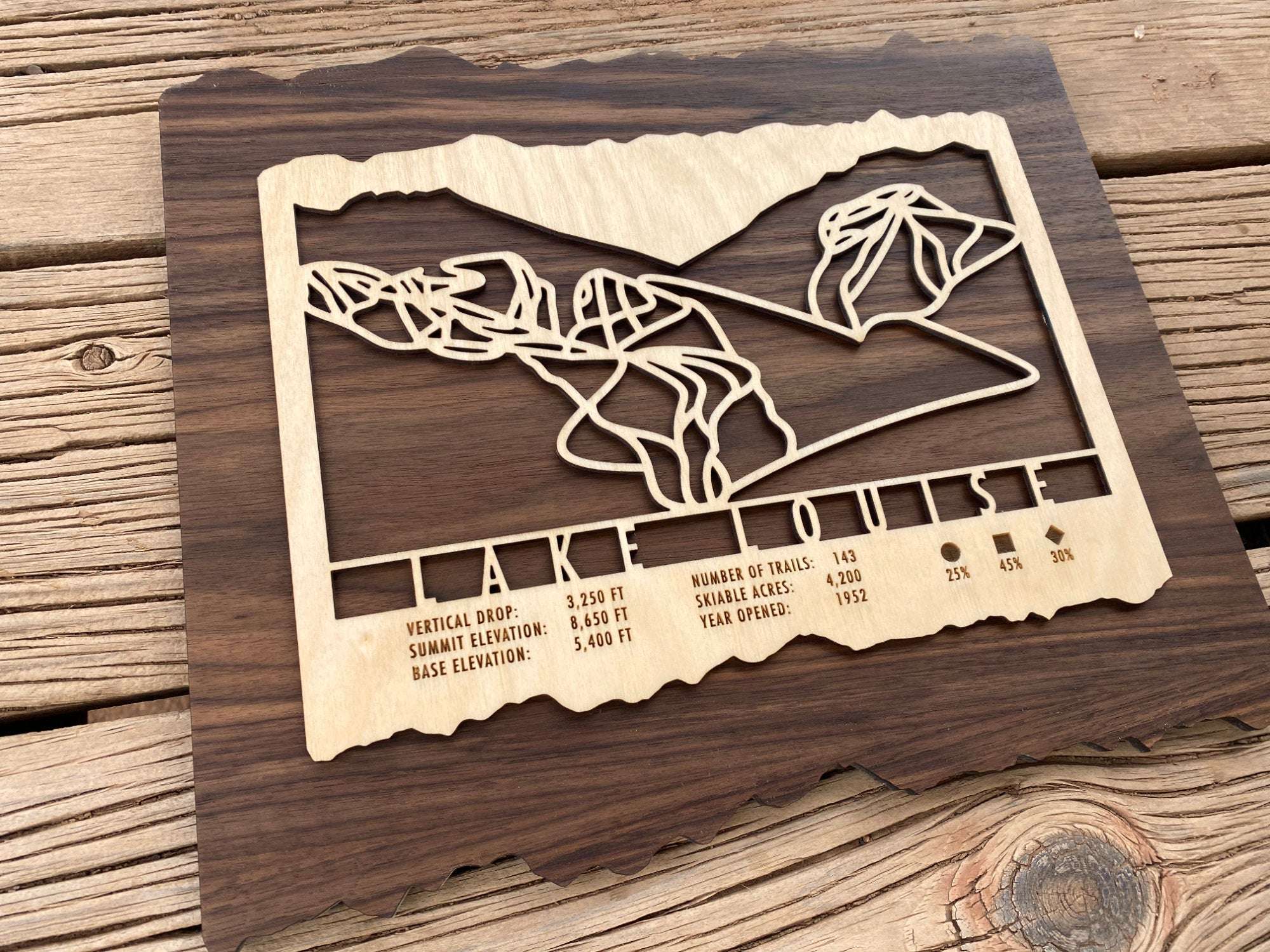 Lake Louise Trail Map - Wood Wall Decor by Mountaincut - wooden ski map shown on rustic wood background, perfect for Canada-themed ski home decoration.