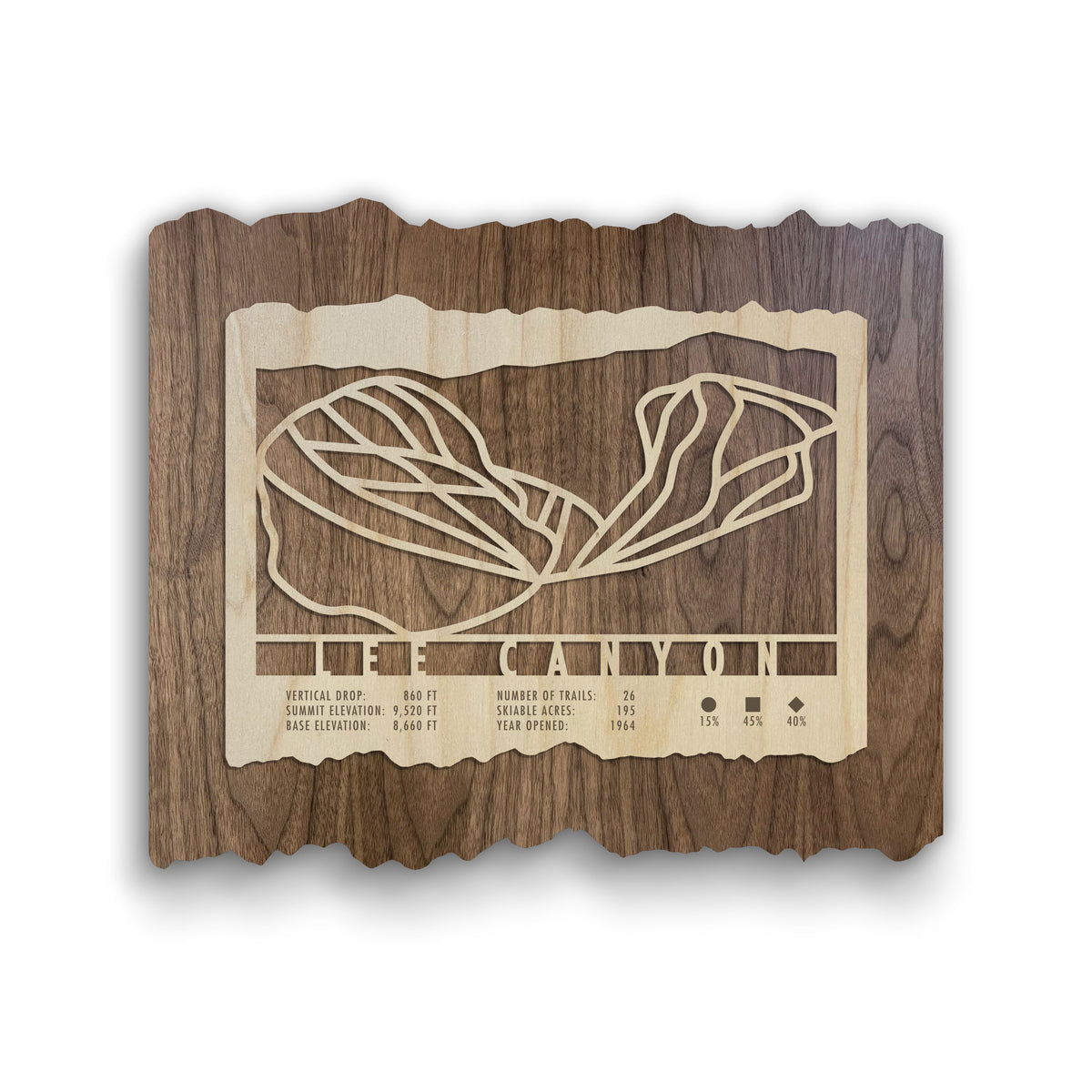 Lee Canyon Trail Map - Ski Decor by MountainCut - wooden ski map featuring engraved trail lines and resort stats, ideal for rustic home or lodge decor.