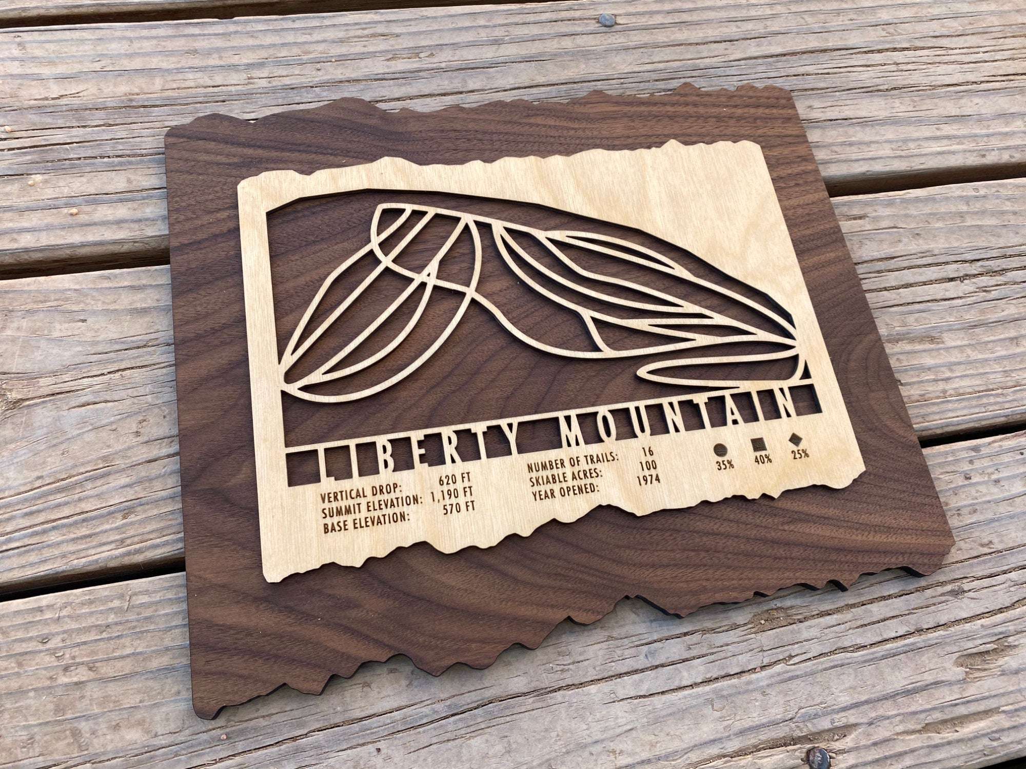 Wooden Liberty Mountain Ski Trail Map decor with engraved trail layout and resort information, perfect for ski lodge or home display.