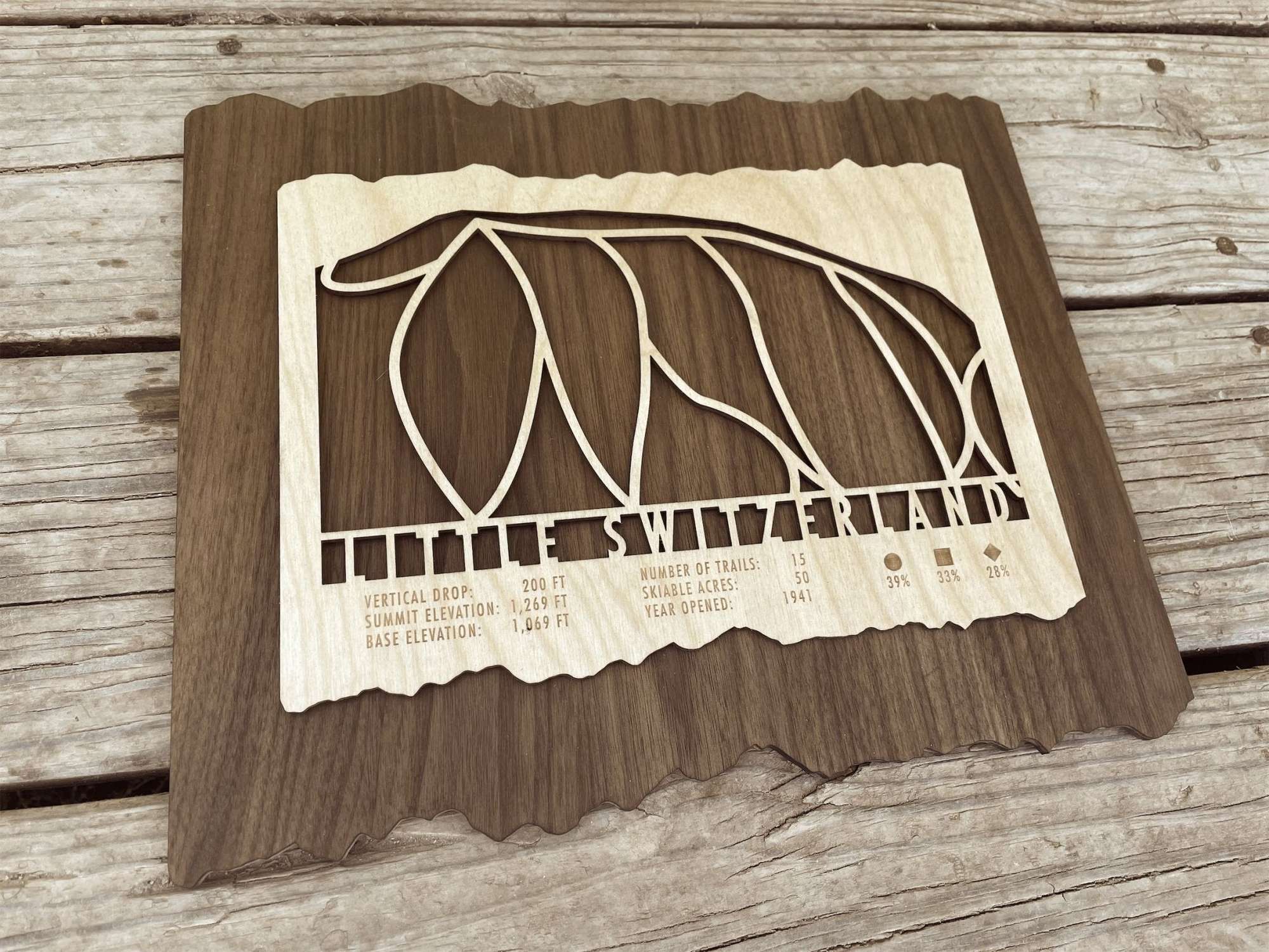 Angled view of Little Switzerland Ski Trail Map - Wall Decor - MountainCut, laser-cut wood artwork showing ski trails and elevation details for Wisconsin resort.