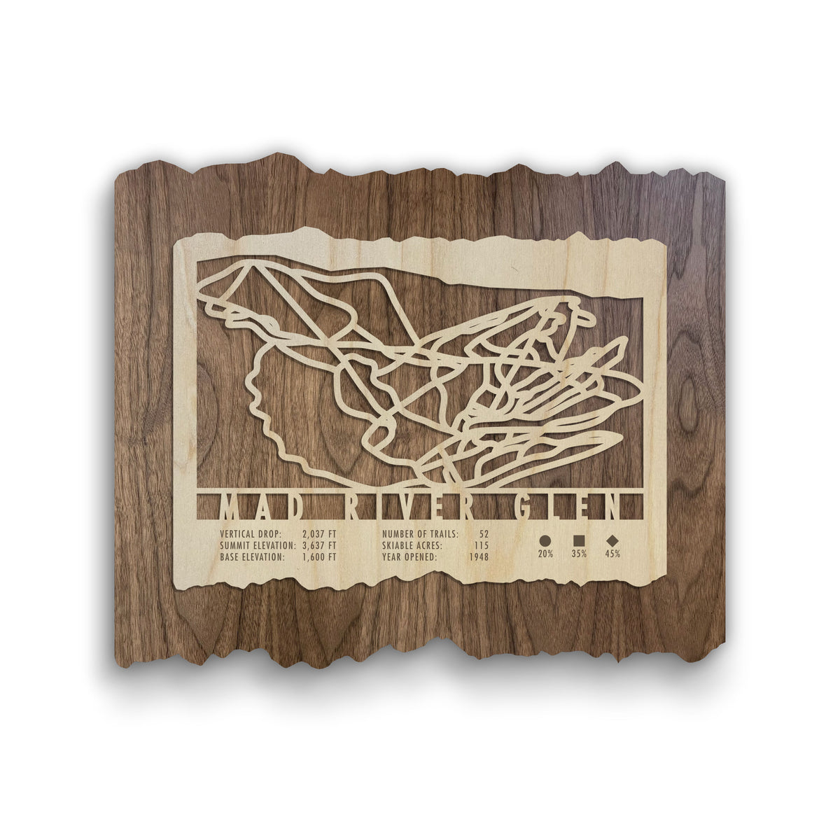 Mad River Glen Ski Trail Map - Wood Wall Decor by Mountaincut featuring laser-cut ski trails on natural wood, perfect for Vermont ski lovers.