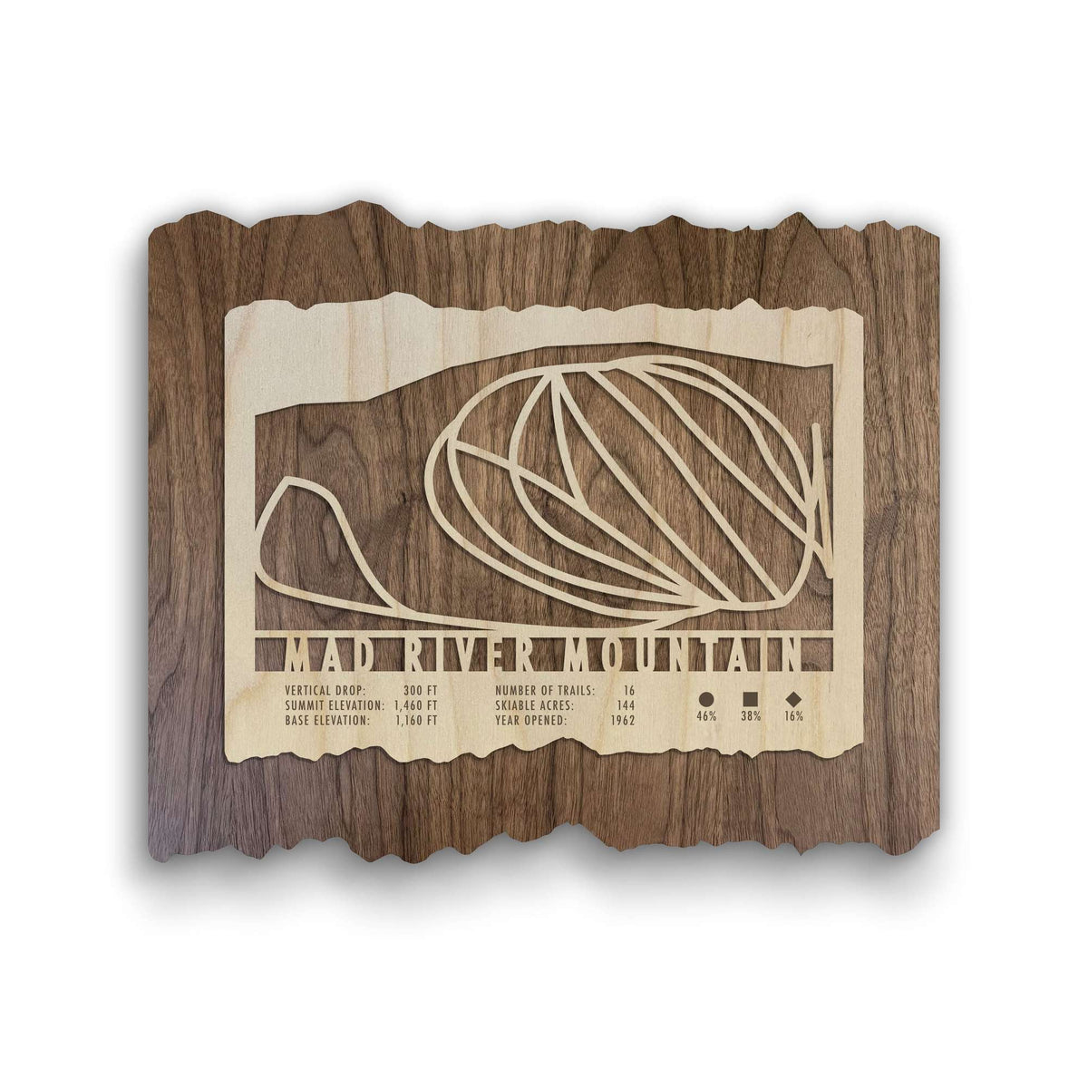 Mad River Mountain Ski Trail Map | Ohio Ski Art laser-cut wood wall decor showing ski trails and resort stats. Rustic artwork for ski lovers.