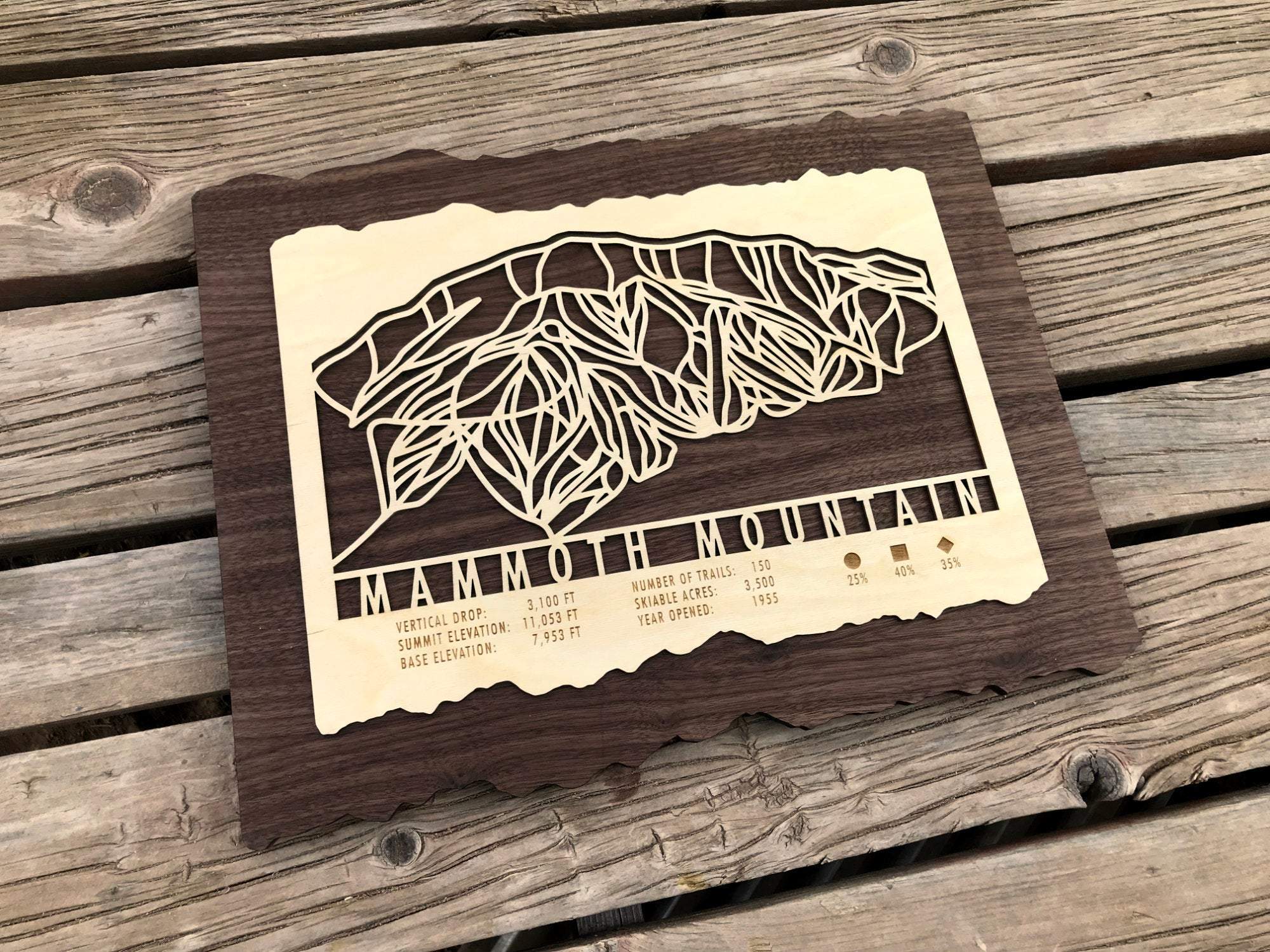 Laser-cut Mammoth Mountain Ski Trail Map on wood with rustic edges, ideal ski-themed wall art for California mountain lovers and winter sports fans.