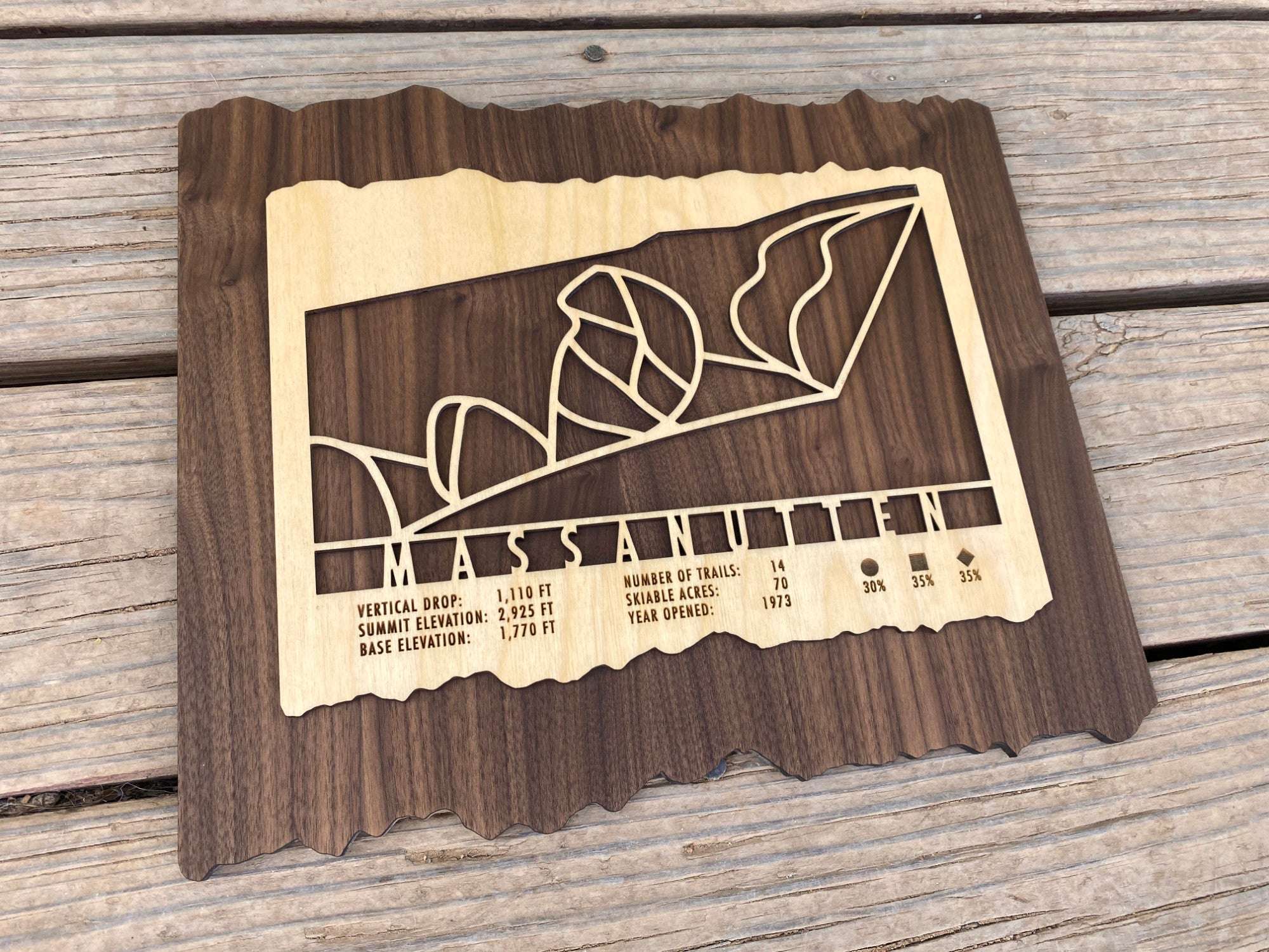 Wooden Massanutten Ski Trail Map decor piece with engraved ski trails and resort details, ideal for rustic lodge or mountain home wall art.
