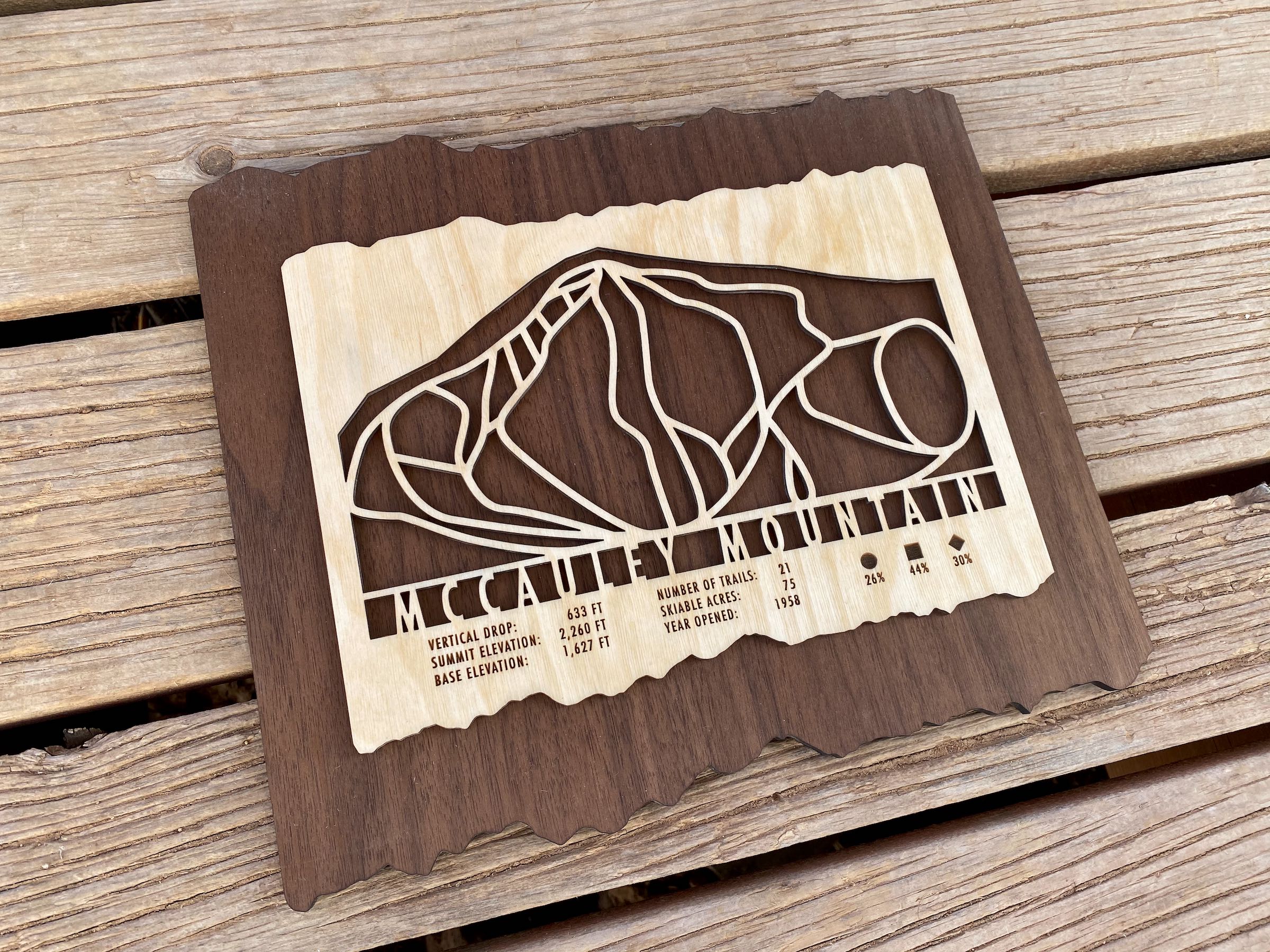 Wooden McCauley Mountain Ski Trail Map decor with engraved trail lines and elevation details, ideal for ski lodge or home wall display.