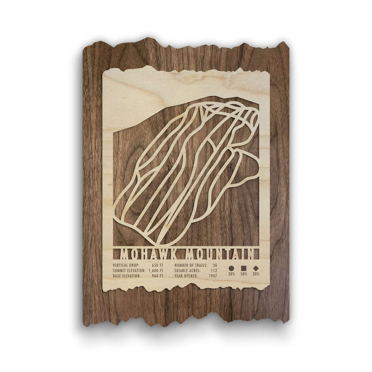 Mohawk Mountain Ski Trail Map - Wood Ski Decor by Mountaincut featuring laser-cut trails on rustic wood, ideal for ski lodge or home wall art.
