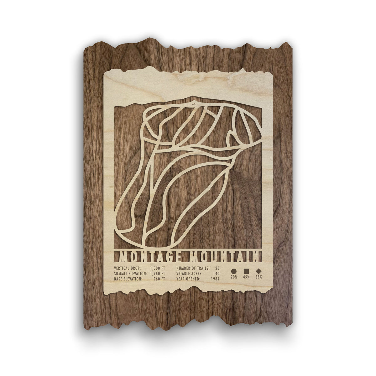Montage Mountain Ski Trail Map - Wood Wall Decor by Mountaincut featuring laser-cut ski trails and resort stats on rustic wood for home or lodge display.