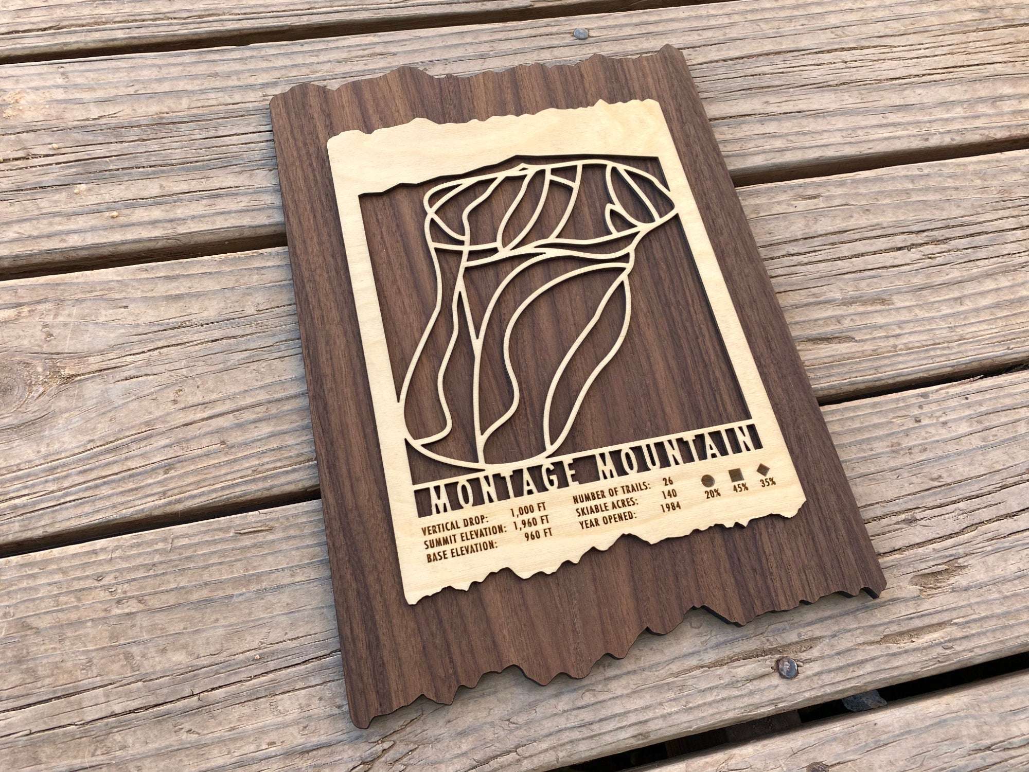Wooden Montage Mountain ski trail map decor placed on a wooden surface, showcasing detailed trail lines and engraved resort information.