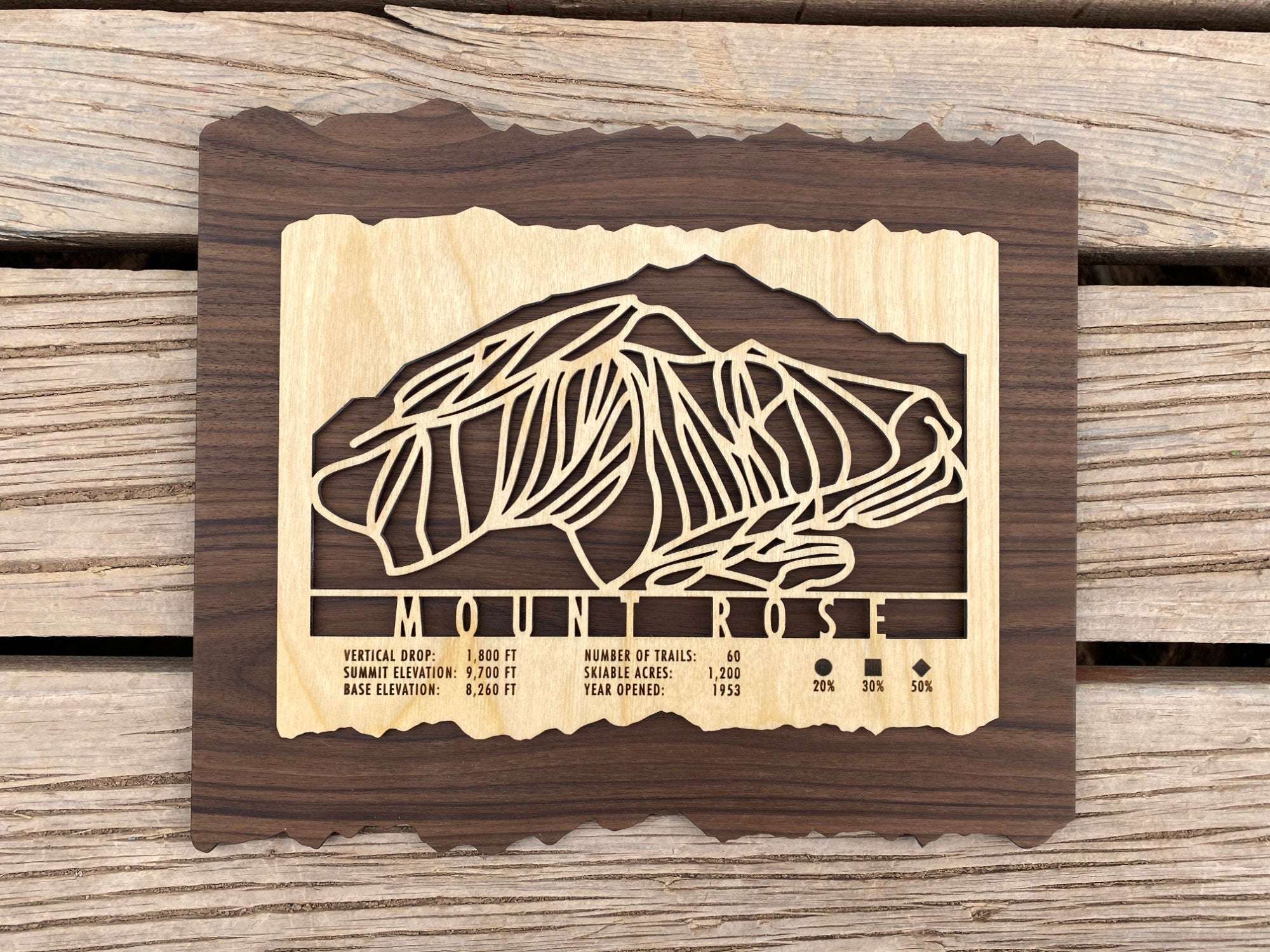 Wooden Mt Rose Ski Trail Map decor by Mountaincut shown on rustic wood background, ideal for ski-themed home or cabin wall art.